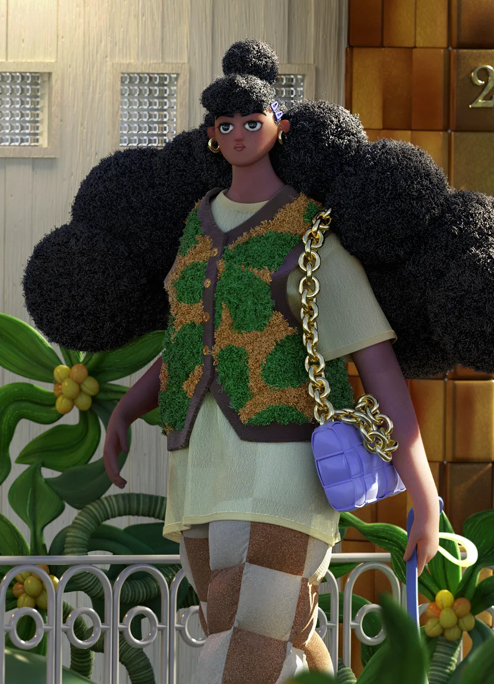 Stylized 3D character with voluminous curly hair and colorful streetwear, from A Morning Walk Through the Streets.