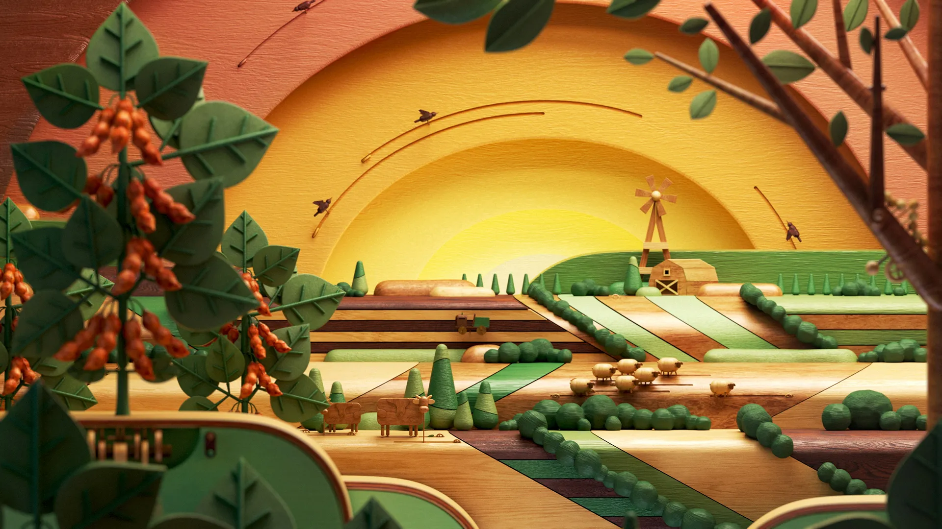 Agmatix_Stills01 Stylized wooden farmland with crop fields, grazing animals and a windmill beneath a layered golden sunrise.