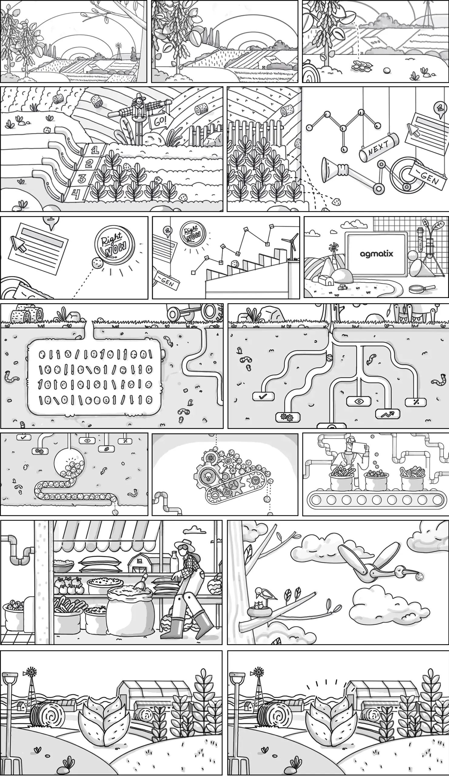 Agmatix_Stills02b Black-and-white storyboard panels exploring agricultural scenes, data visualization and animation concepts for Agmatix.