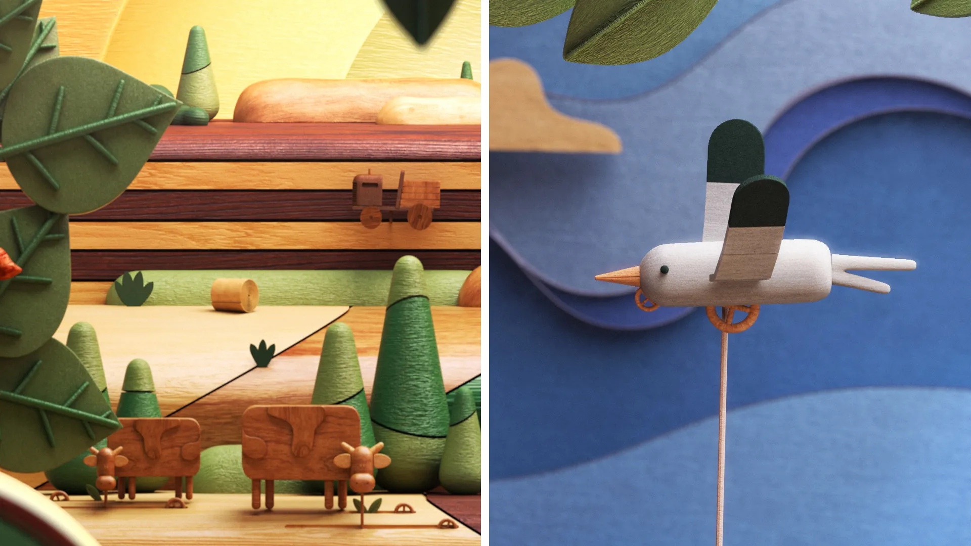 Agmatix_Stills04 Split composition featuring miniature wooden cattle in a farming landscape and a stylized bird against a blue background.