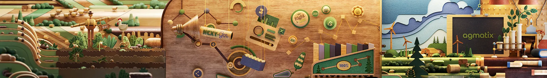 Agmatix_Stills10 Panoramic composition of wooden agricultural landscapes, data visualization mechanisms and Agmatix branding.