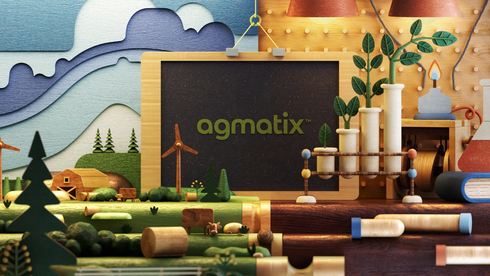 Agmatix_Stills11 Agmatix logo displayed on a wooden-framed screen surrounded by miniature crops, wind turbines and laboratory elements.
