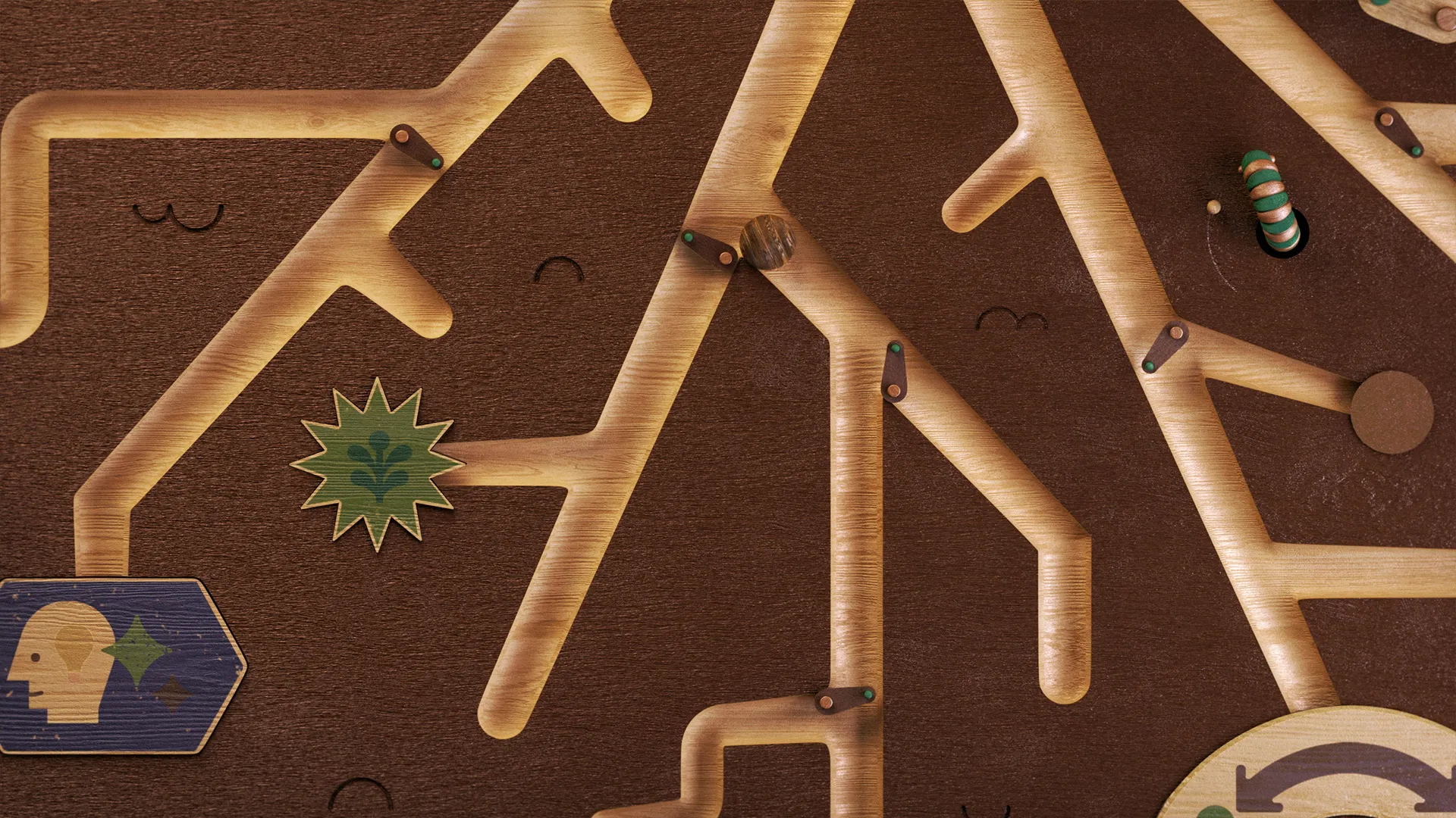 Agmatix_Stills14 Overhead view of carved wooden branching paths with miniature insects and agricultural symbols.