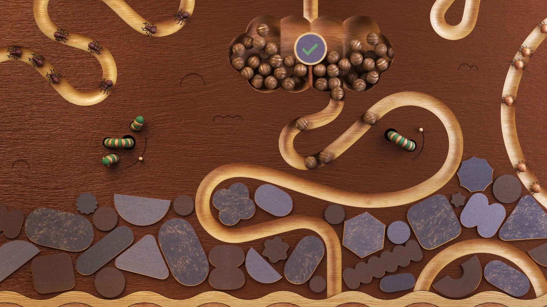Agmatix_Stills16 Intricate wooden maze with winding channels, miniature insects, rolling spheres and organic shapes.