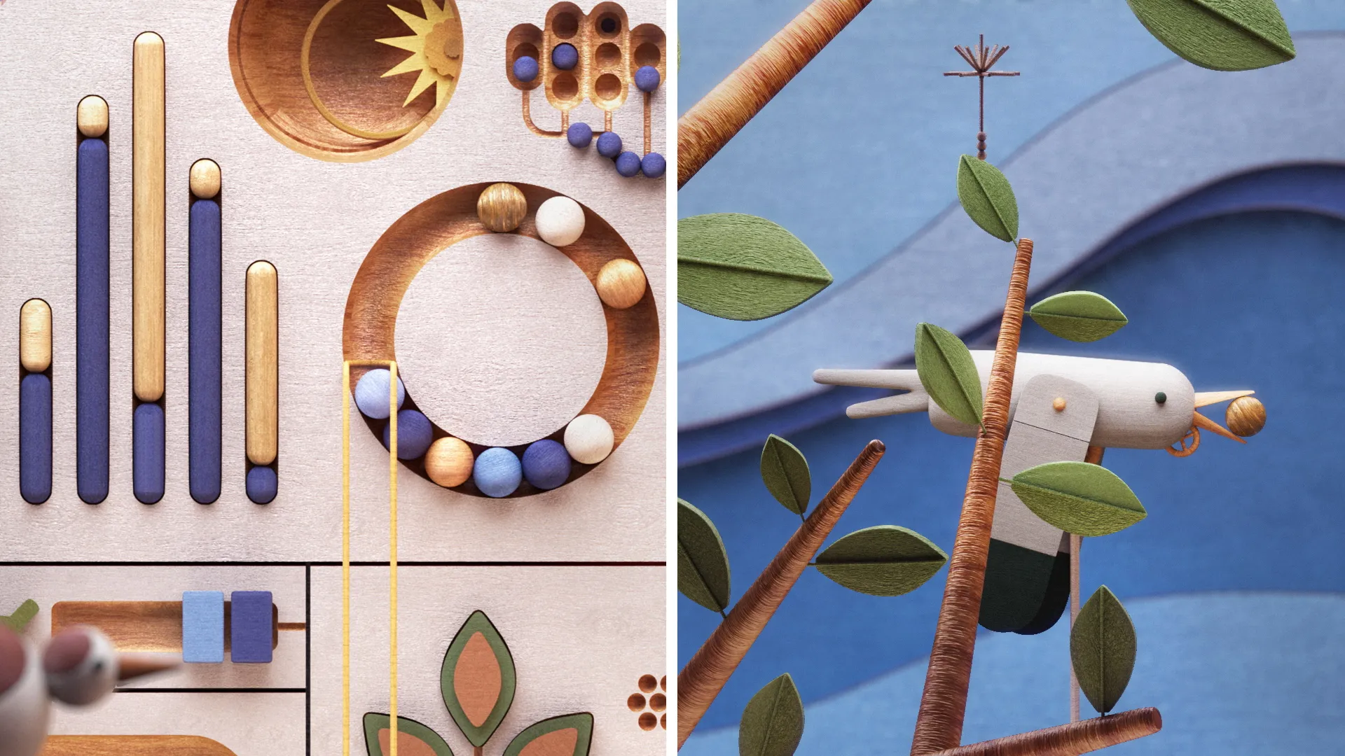 Agmatix_Stills22 Split composition featuring wooden data charts and a stylized bird among leaves against a layered blue background.