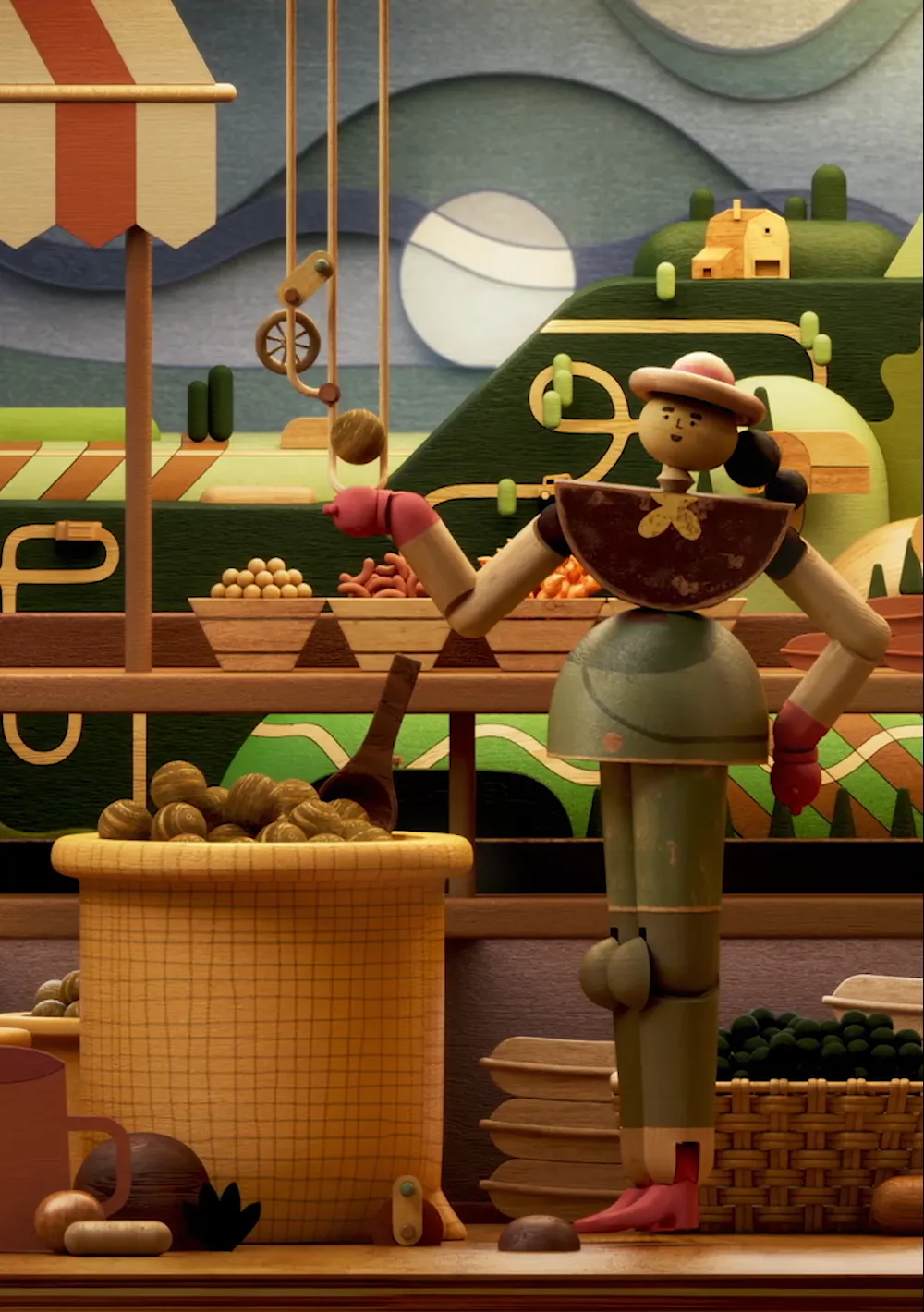 Vintage penny arcade-inspired 3D illustration featuring a stylized farmer in a handcrafted wooden agricultural landscape, created for Agmatix.