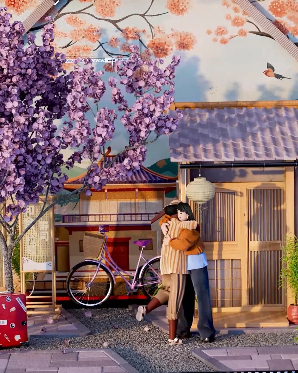 Stylized 3D miniature Japanese street scene with cherry blossoms, a bicycle, and a traditional storefront, created for Amazon and Air Canada.
