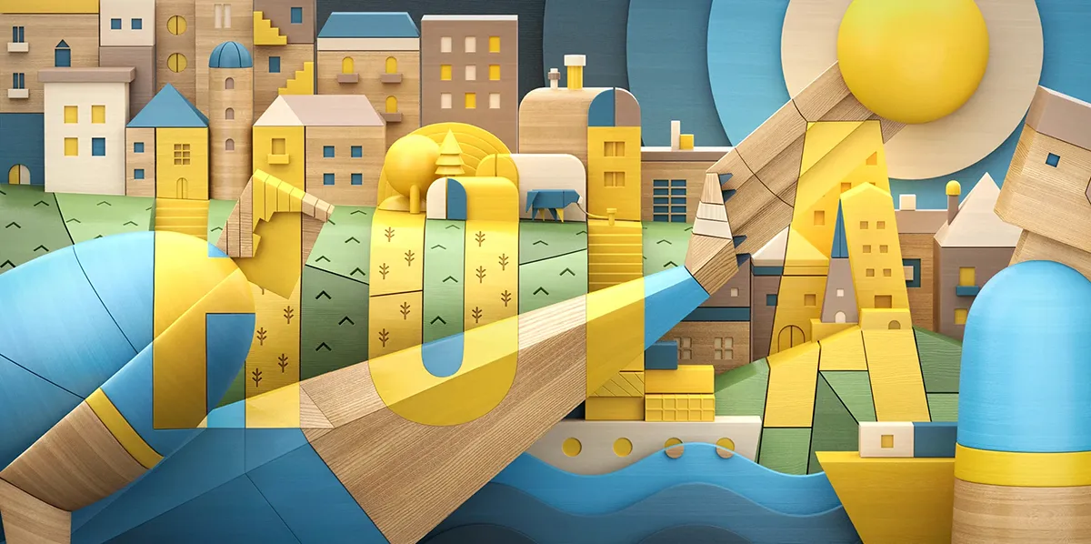 Geometric illustration of the word “HOLA” integrated into a stylized Uruguayan cityscape, inspired by Joaquín Torres García's constructivist art, created for Morphine's Hello World! International Day of Peace project.
