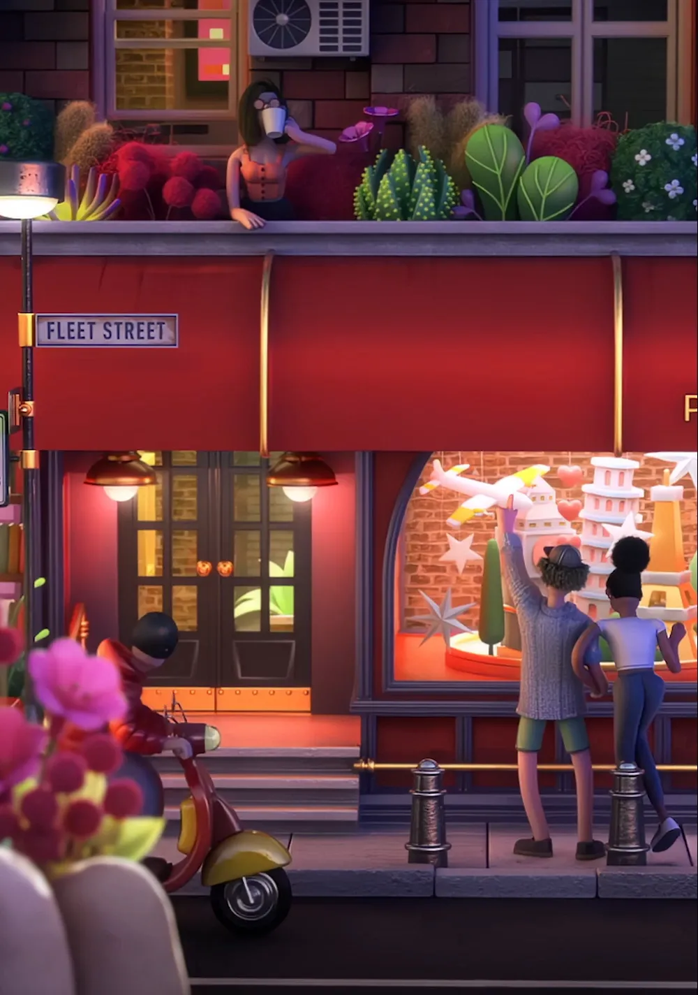 Stylized 3D nighttime city scene featuring colorful storefronts, playful characters, and vibrant lighting, created for McDonald's Monopoly App in Australia.