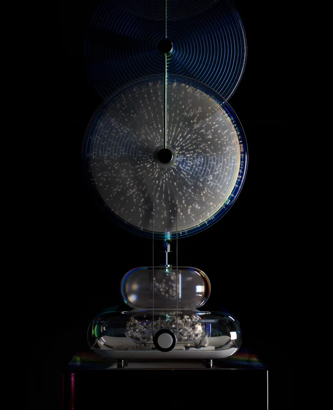 Conceptual 3D representation of machine learning featuring a large radial metallic disc, intricate reflective details, and transparent glass elements, created for Medallia Experience ’24.