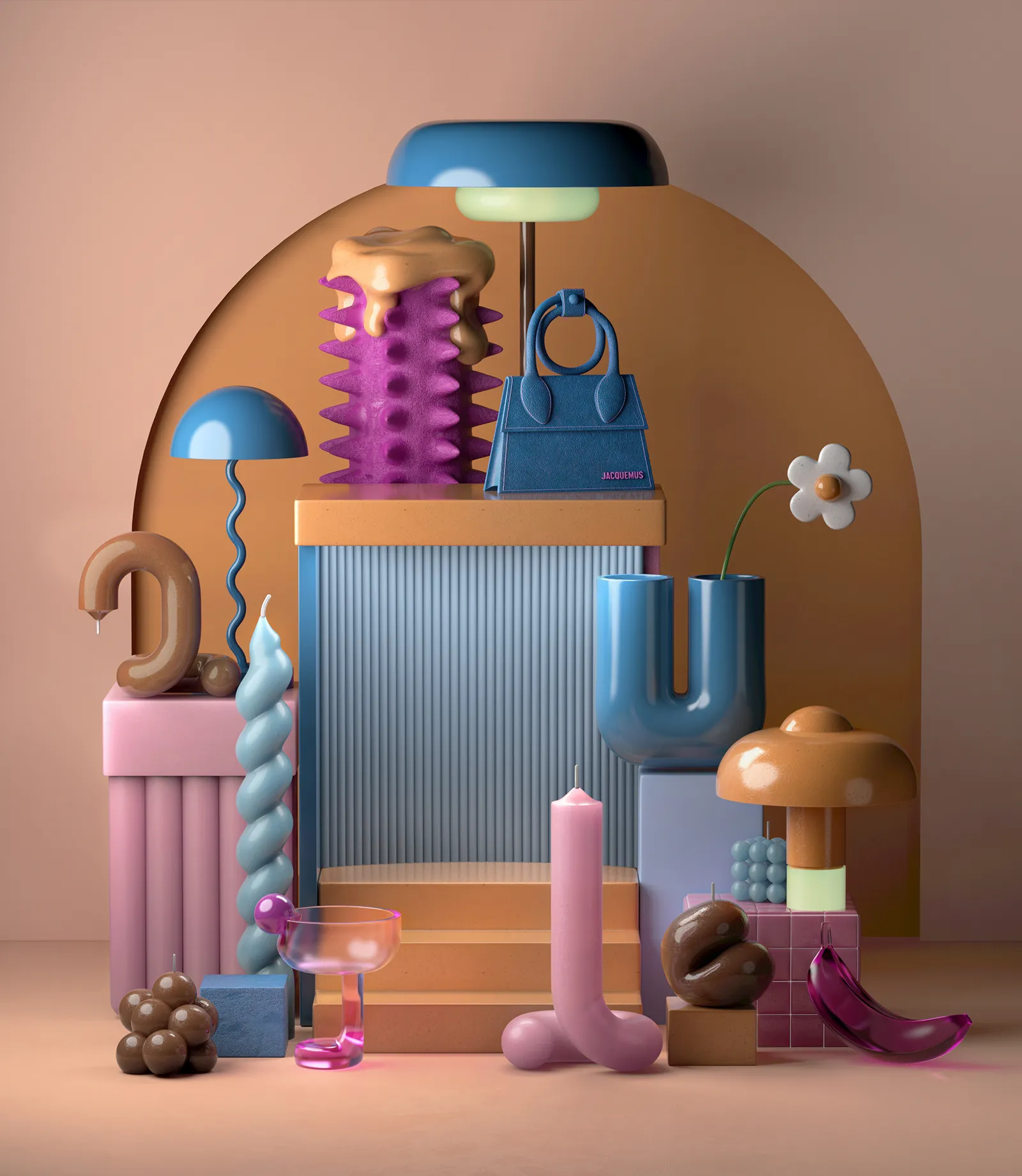 Styling_Stills01 Surreal 3D still life featuring sculptural candles, a blue handbag, retro lamps and playful objects in orange, pink and blue.
