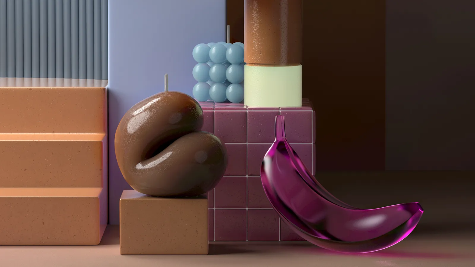 Styling_Stills05 Close-up of glossy brown sculptural forms and a translucent magenta banana-shaped object beside pink tiles.