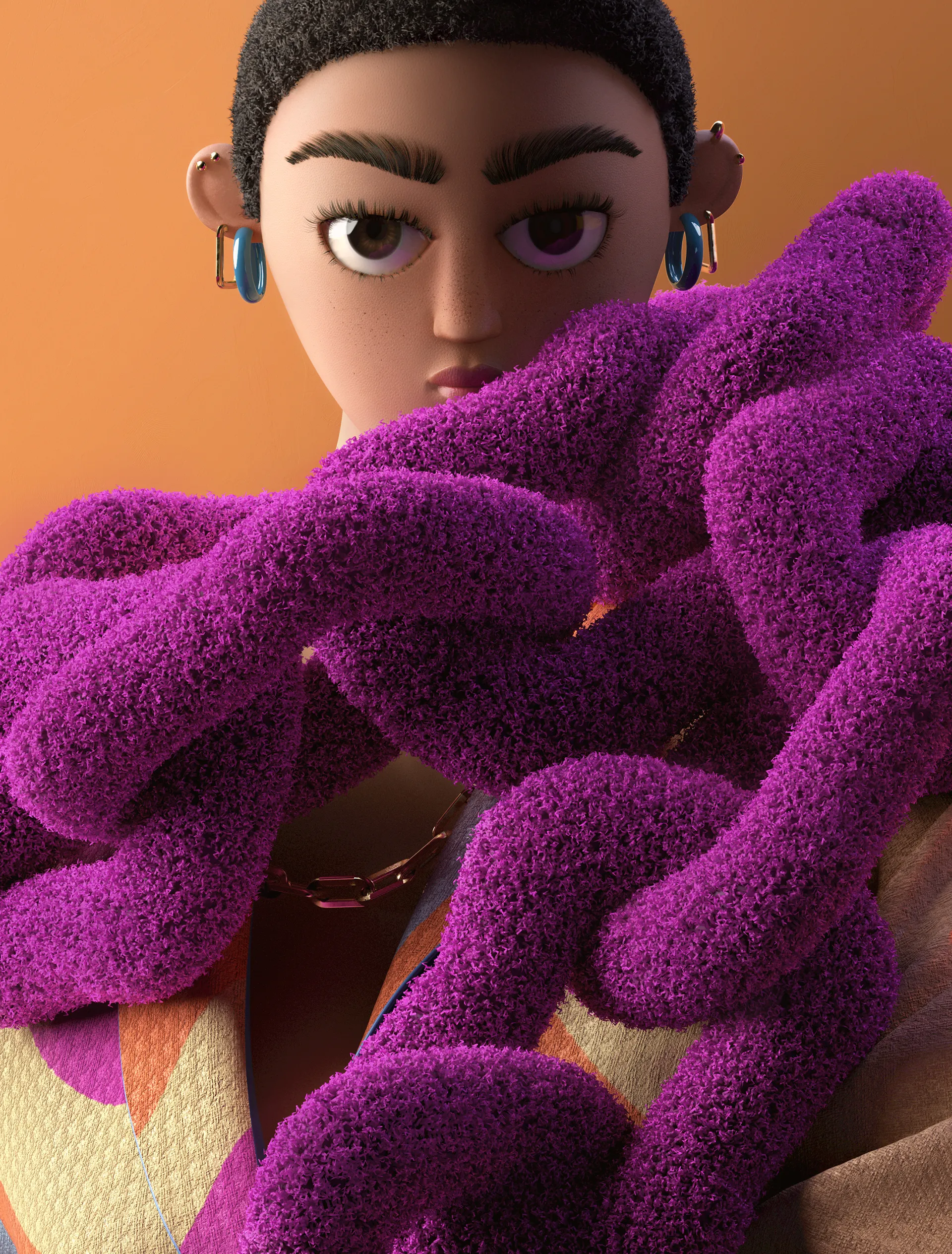 Styling_Stills06 Close-up portrait of a stylized 3D character wearing blue hoop earrings and an oversized fuzzy purple chain accessory.