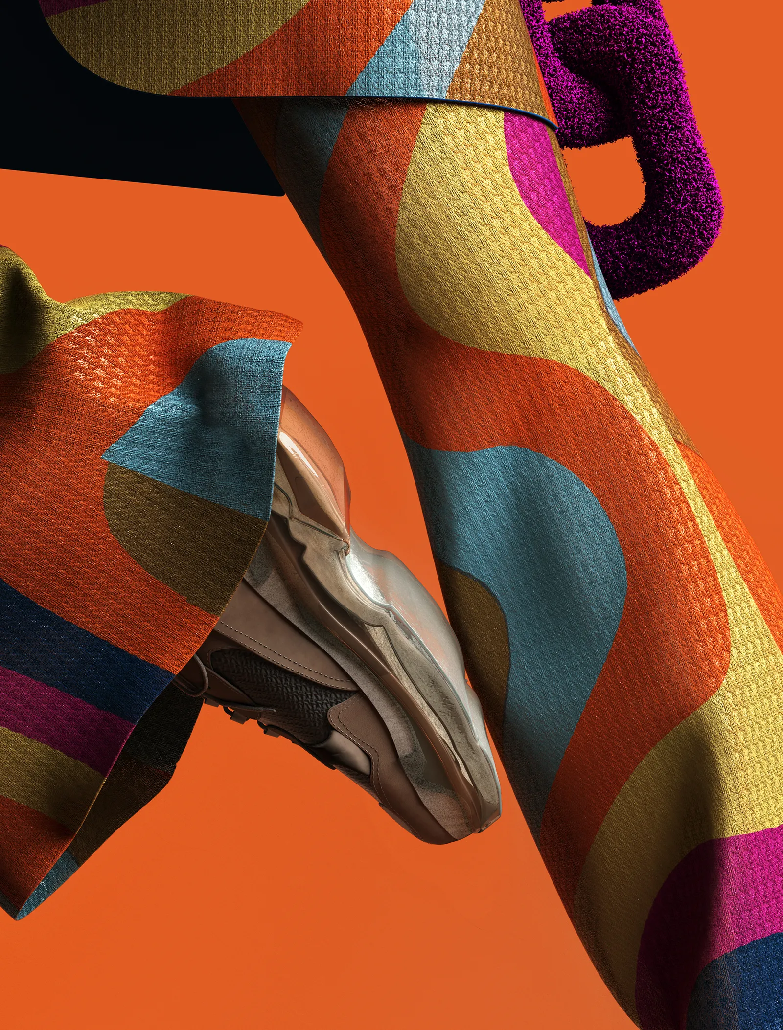 Styling_Stills07 Fashion detail showing a multicolored geometric patterned suit, white sneaker and textured purple chain accessory.