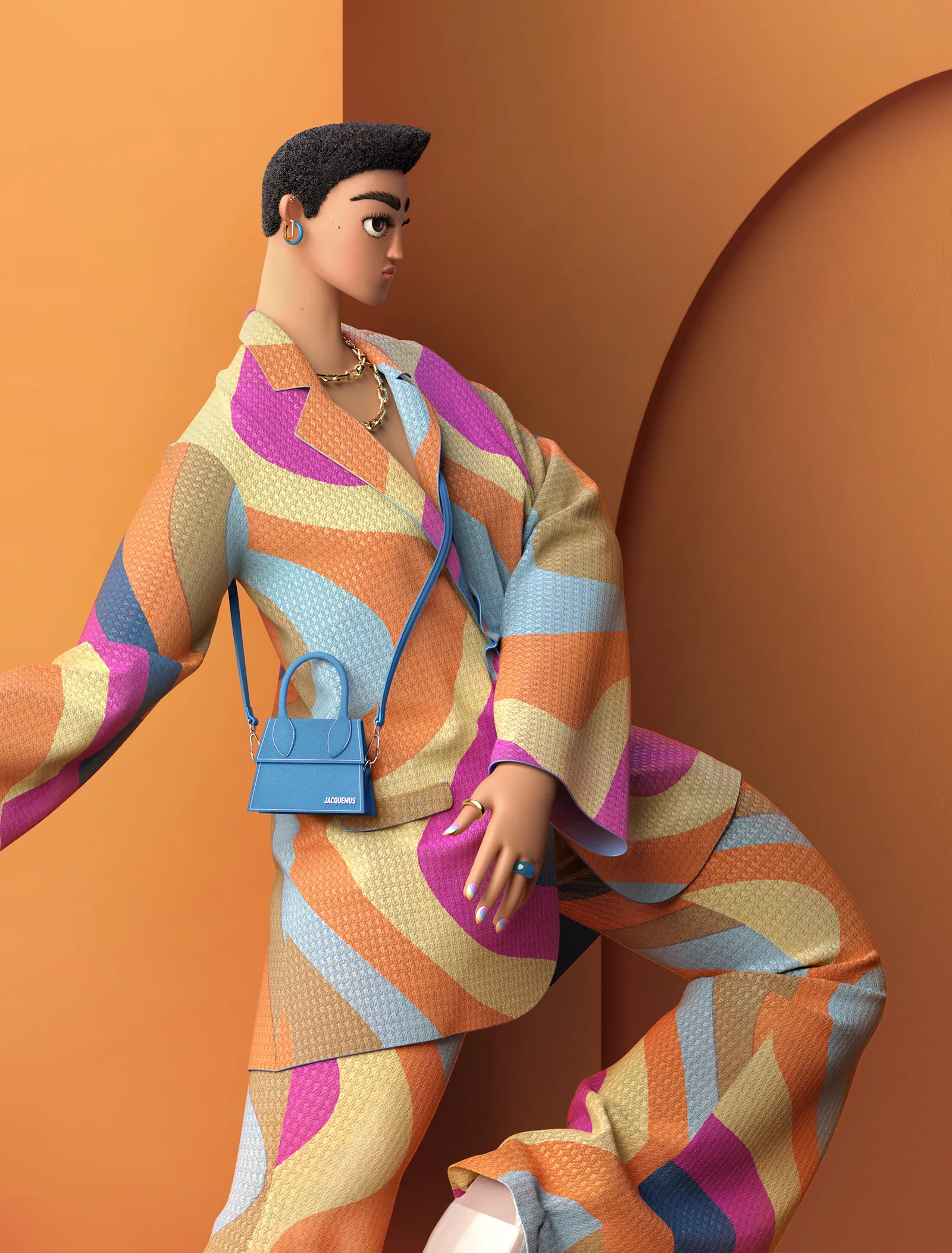 Styling_Stills08 Stylized 3D fashion character wearing a colorful geometric suit, blue Jacquemus handbag and gold accessories.