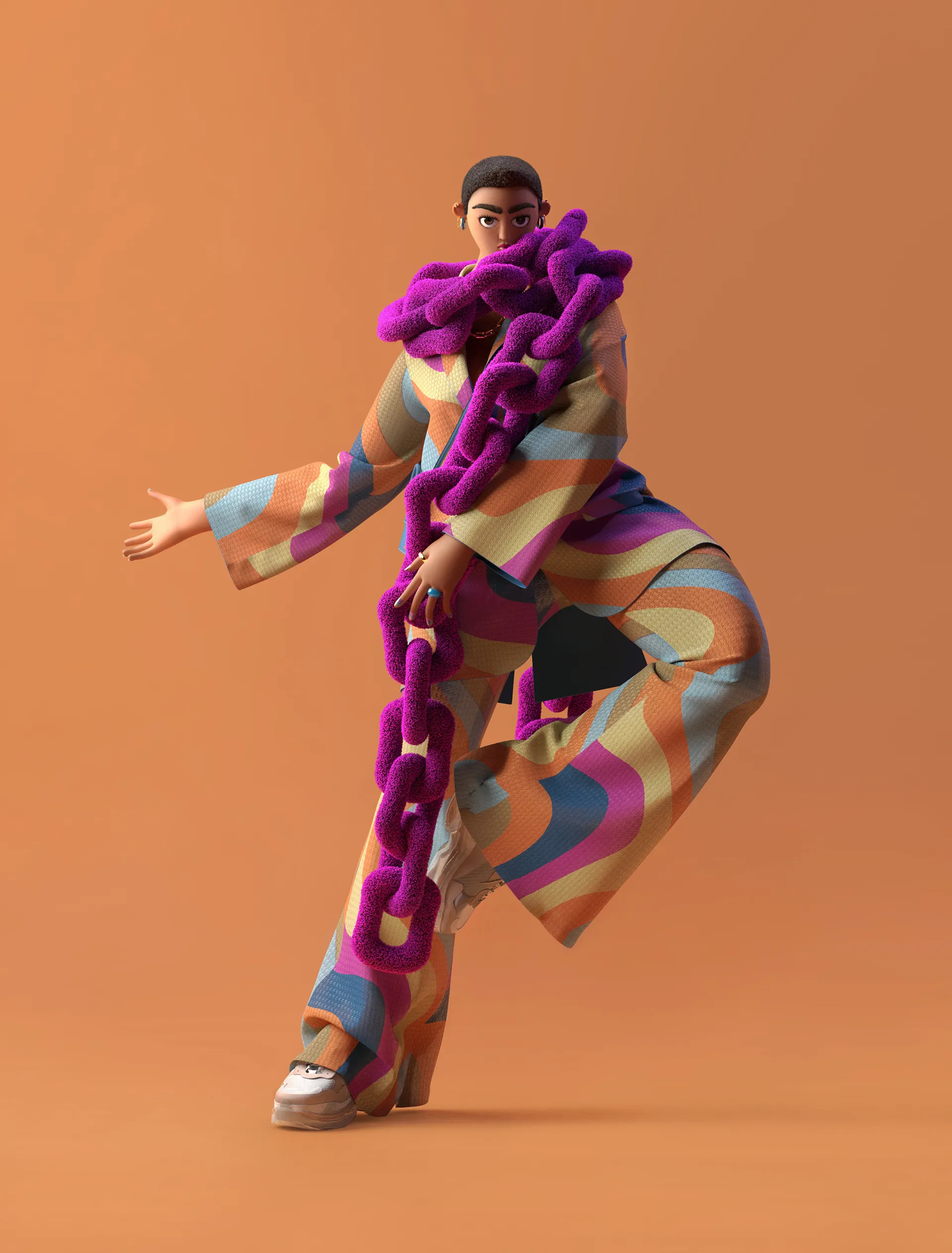 Styling_Stills09 Full-body 3D fashion character wearing a colorful patterned suit and oversized purple chain scarf against an orange background.