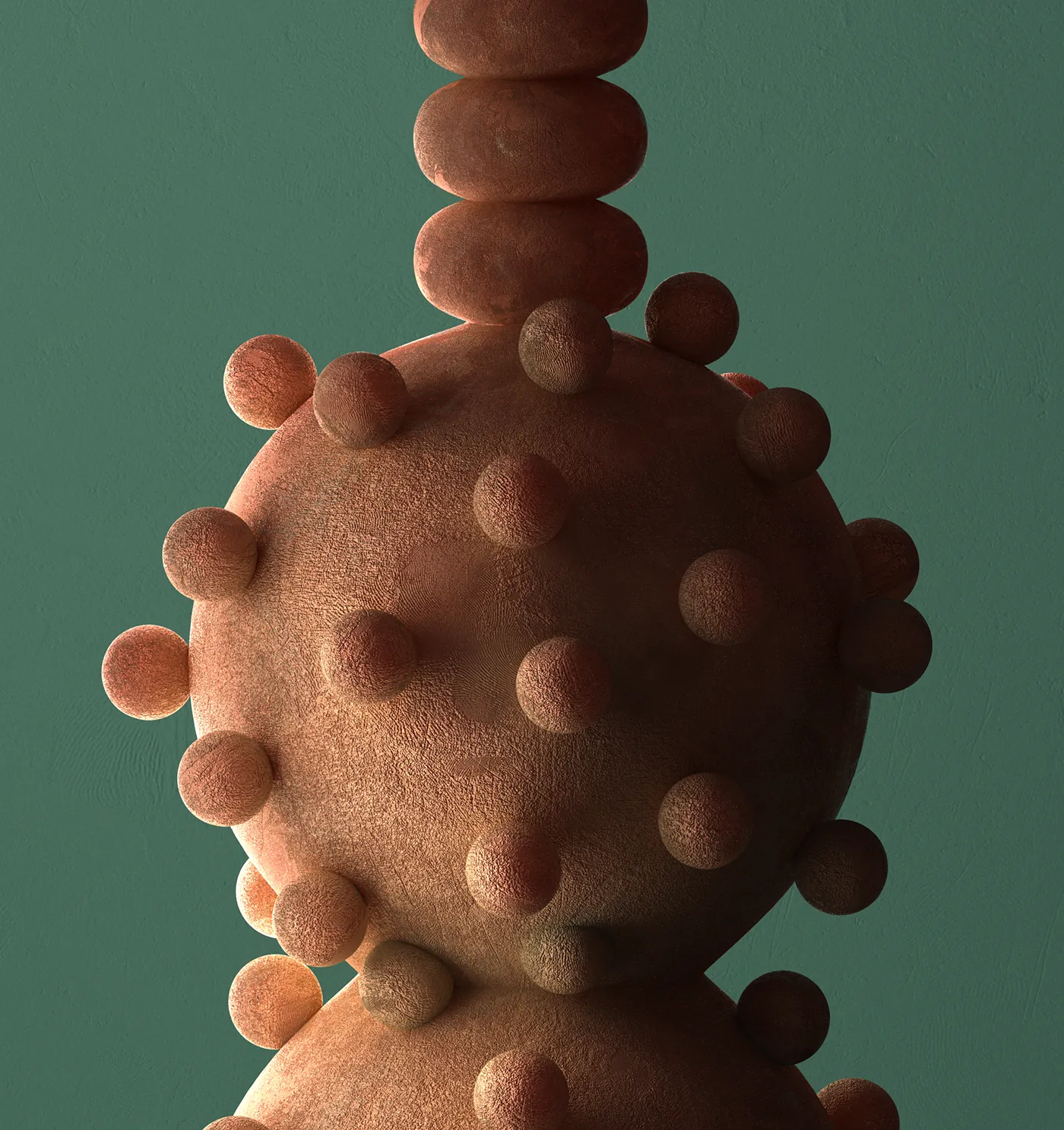 Styling_Stills12 Close-up of a peach-colored sculptural object covered in rounded bumps, with a soft matte texture against a mint green background.