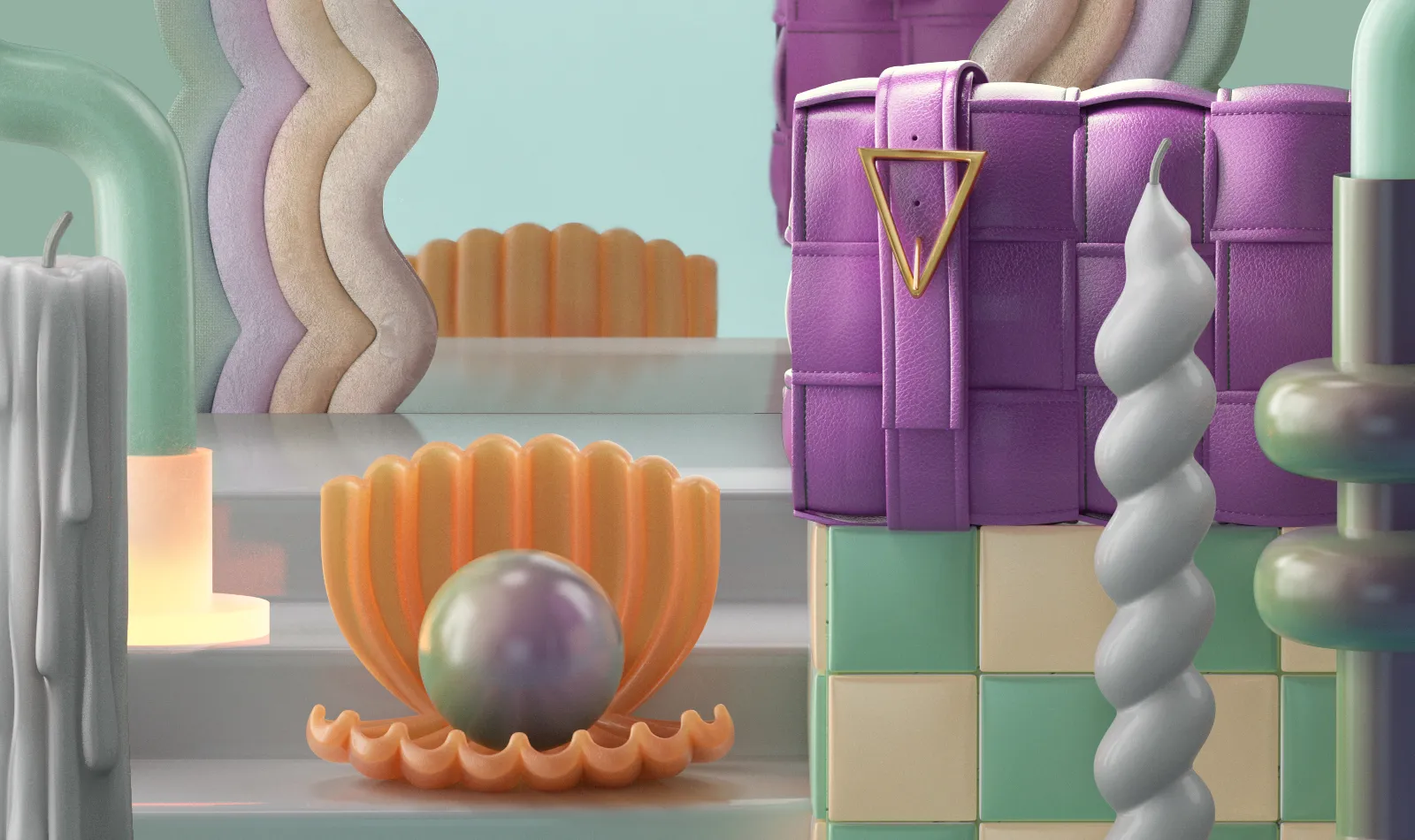 Styling_Stills13 Close-up of a woven lavender handbag, spiral candle and iridescent pearl resting inside an orange sculptural shell.