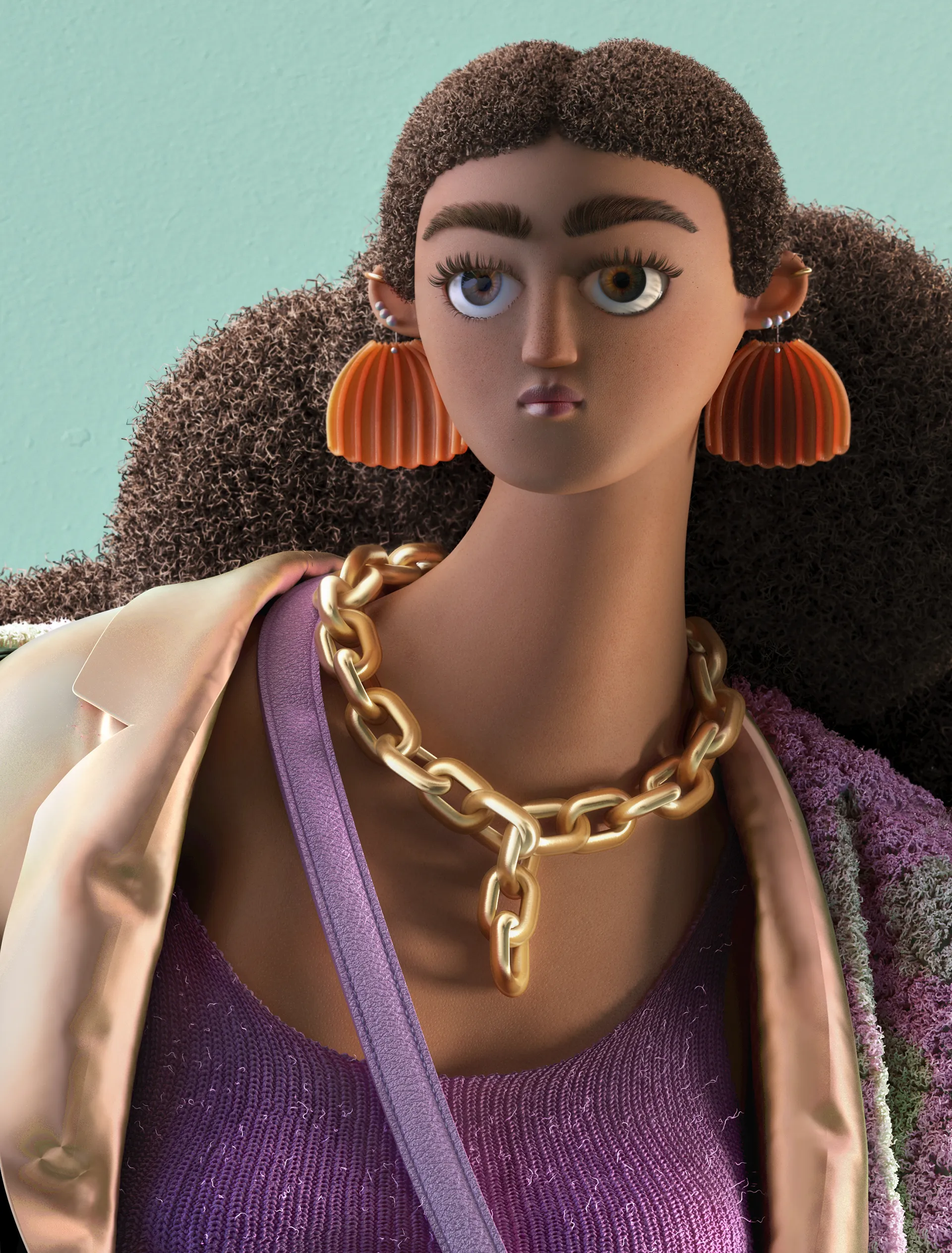 Styling_Stills15 Close-up portrait of a stylized 3D fashion character with voluminous curly hair, orange earrings and a chunky gold chain necklace.