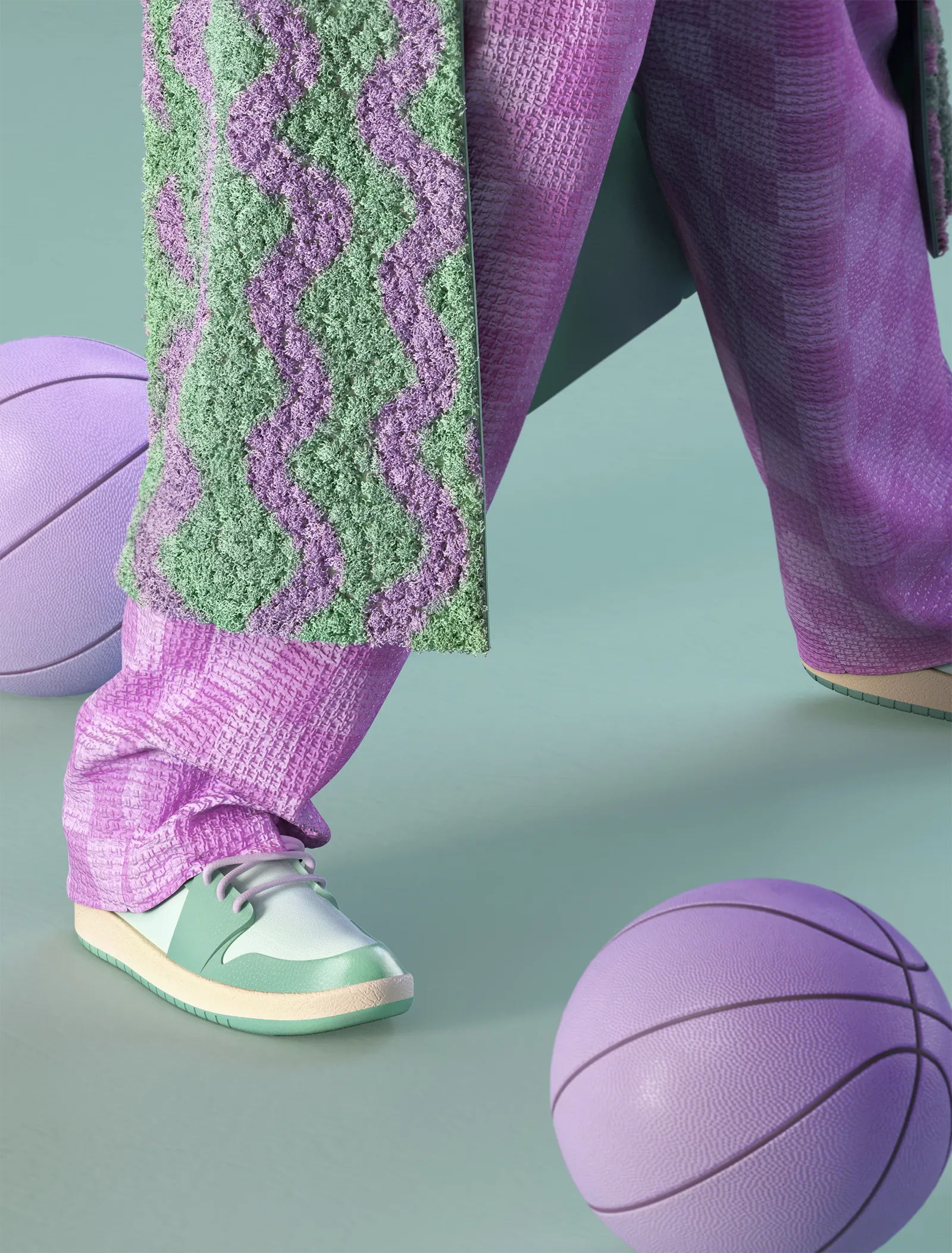 Styling_Stills16 Fashion detail showing lavender textured trousers, mint green sneakers, a patterned fuzzy coat and a purple basketball.