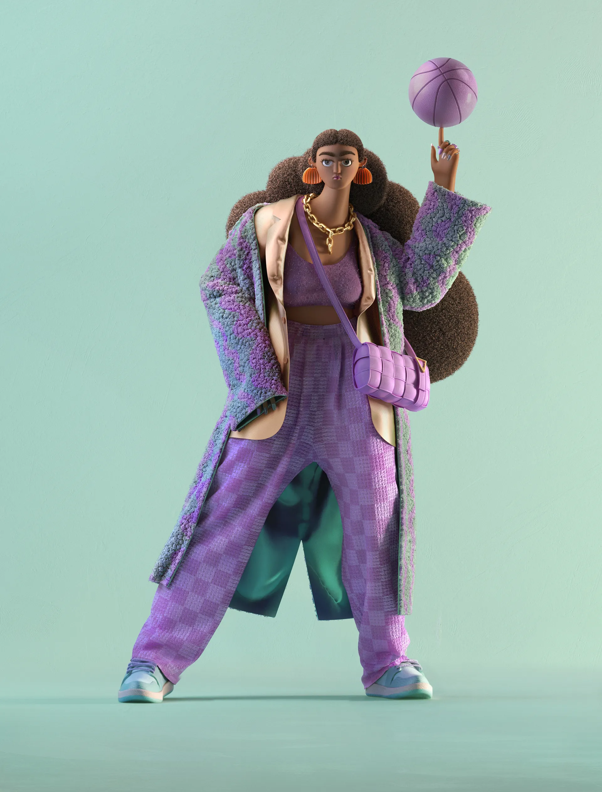 Styling_Stills18 Full-body 3D fashion character wearing a lilac outfit, patterned fuzzy coat, gold accessories and a lavender handbag while balancing a basketball.