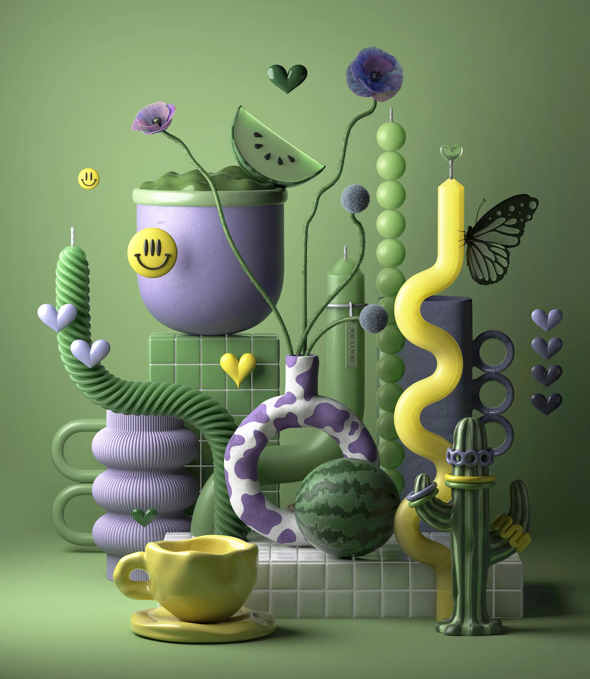 Styling_Stills19 Surreal 3D still life in matcha green, violet and yellow, featuring sculptural candles, watermelon, flowers, ceramic objects and playful decorative elements.