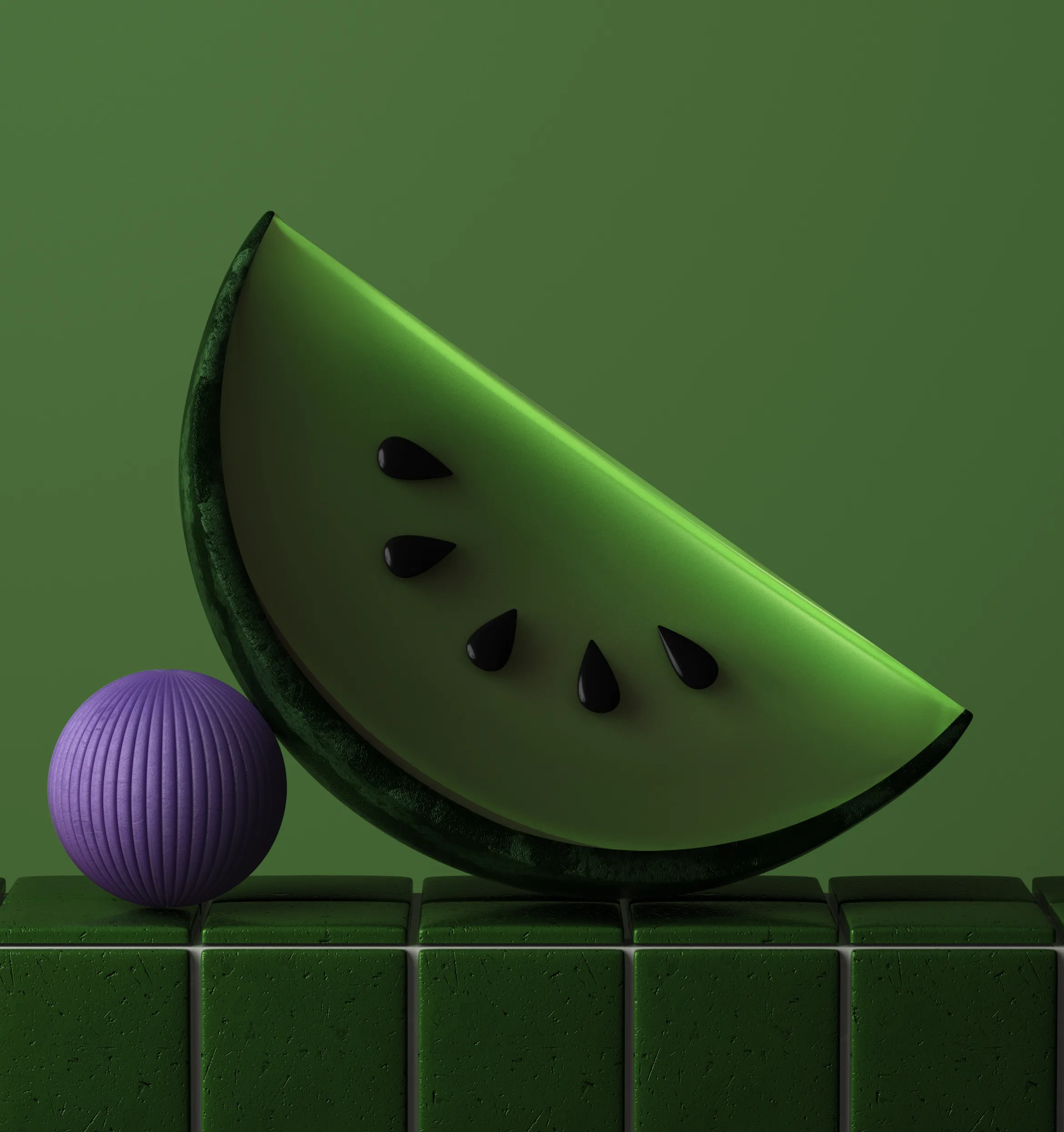 Styling_Stills20 Close-up of a stylized green watermelon slice with black seeds, balanced on textured green ceramic tiles beside a ribbed lavender sphere.