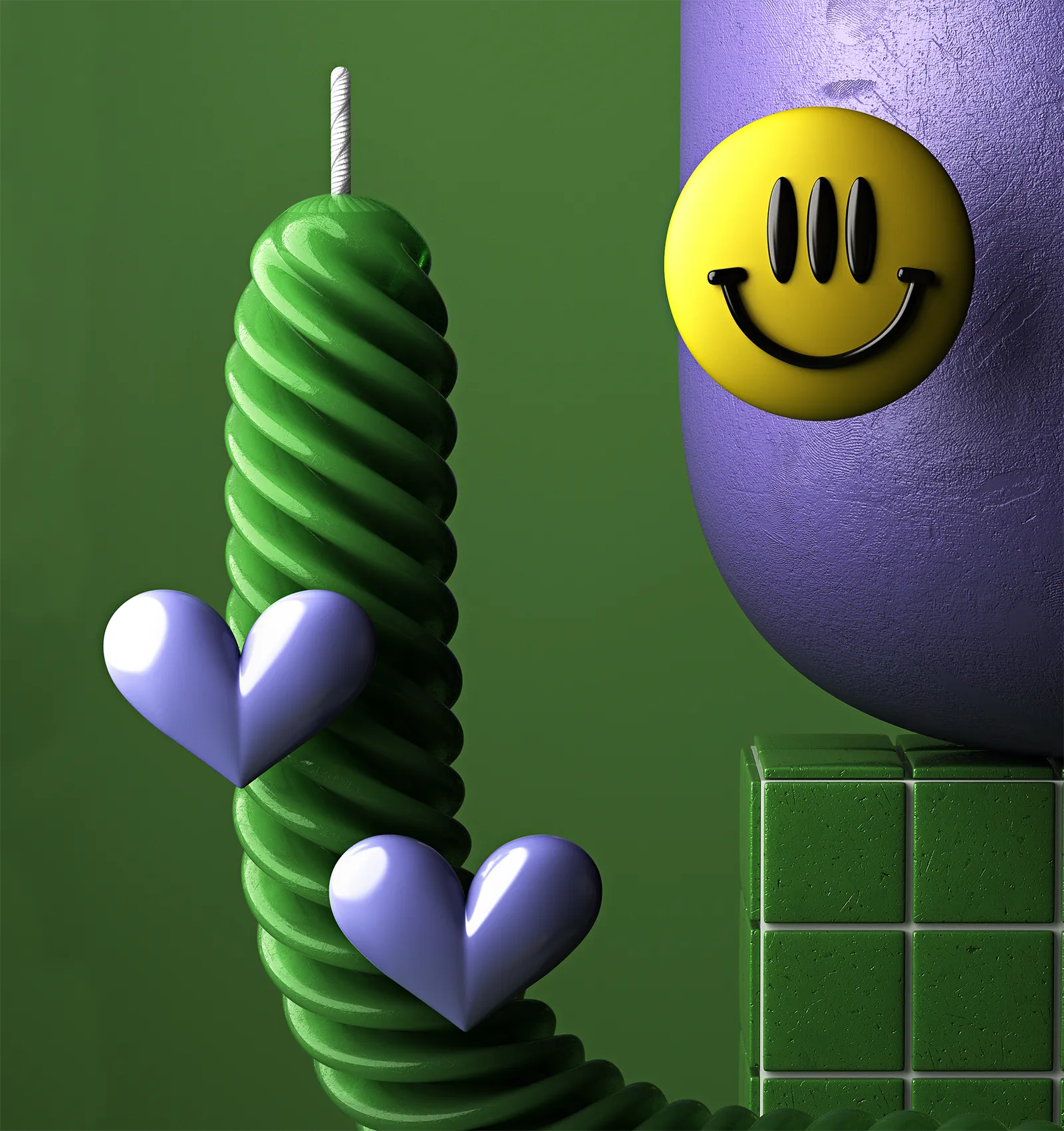 Styling_Stills21 Close-up of a glossy green spiral candle with lavender hearts beside a yellow smiley face on a textured purple ceramic vase.