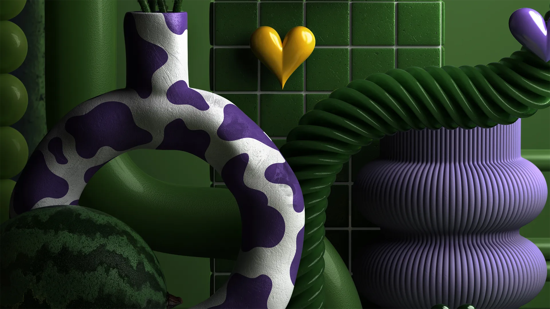 Styling_Stills22 Abstract 3D composition featuring a sculptural vase with purple cow-print patterns, green spiral forms, a watermelon and ceramic objects.