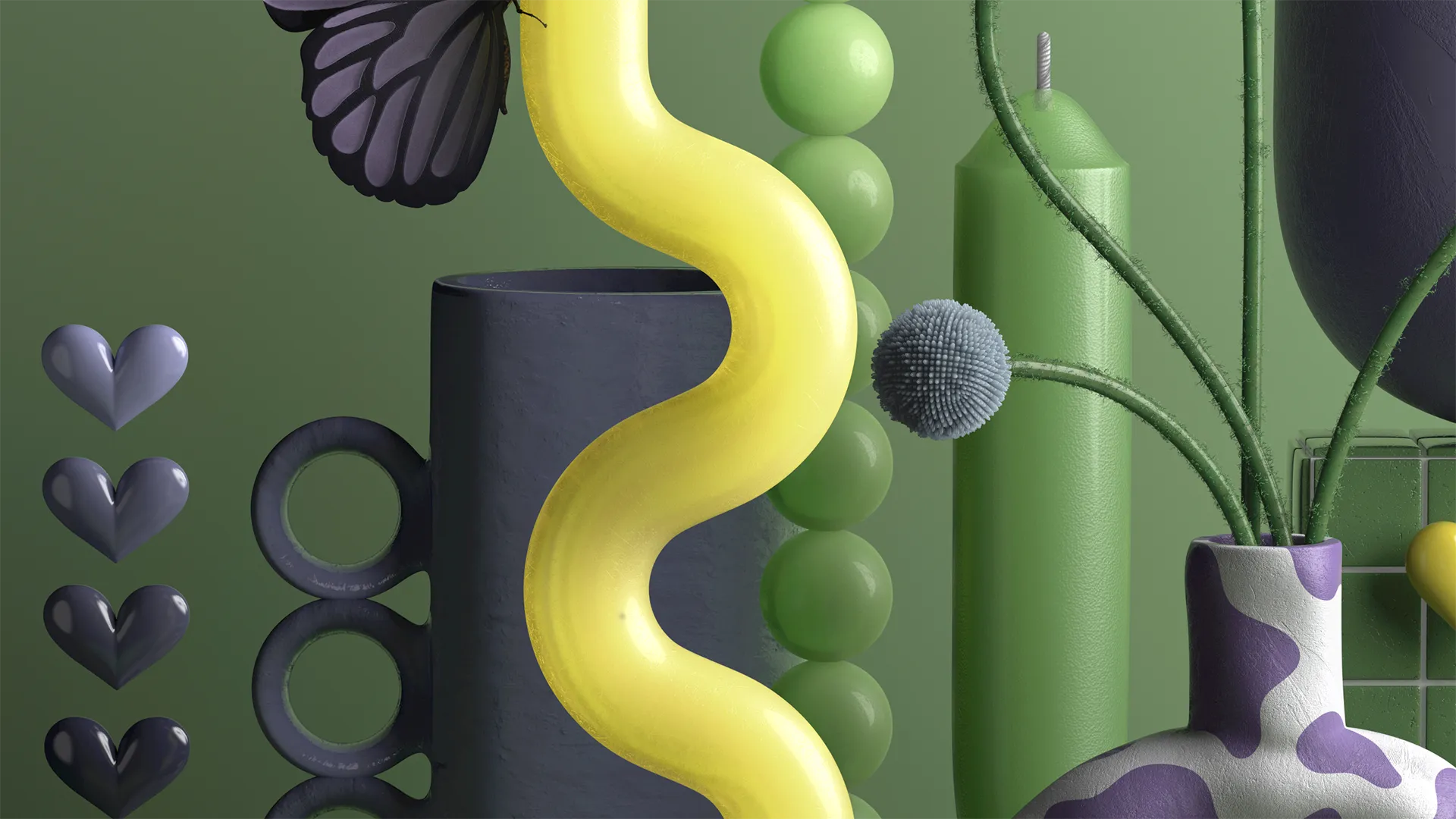 Styling_Stills23 Close-up of a bright yellow wavy candle, black butterfly, green spherical elements and sculptural ceramic objects against a matcha green background.
