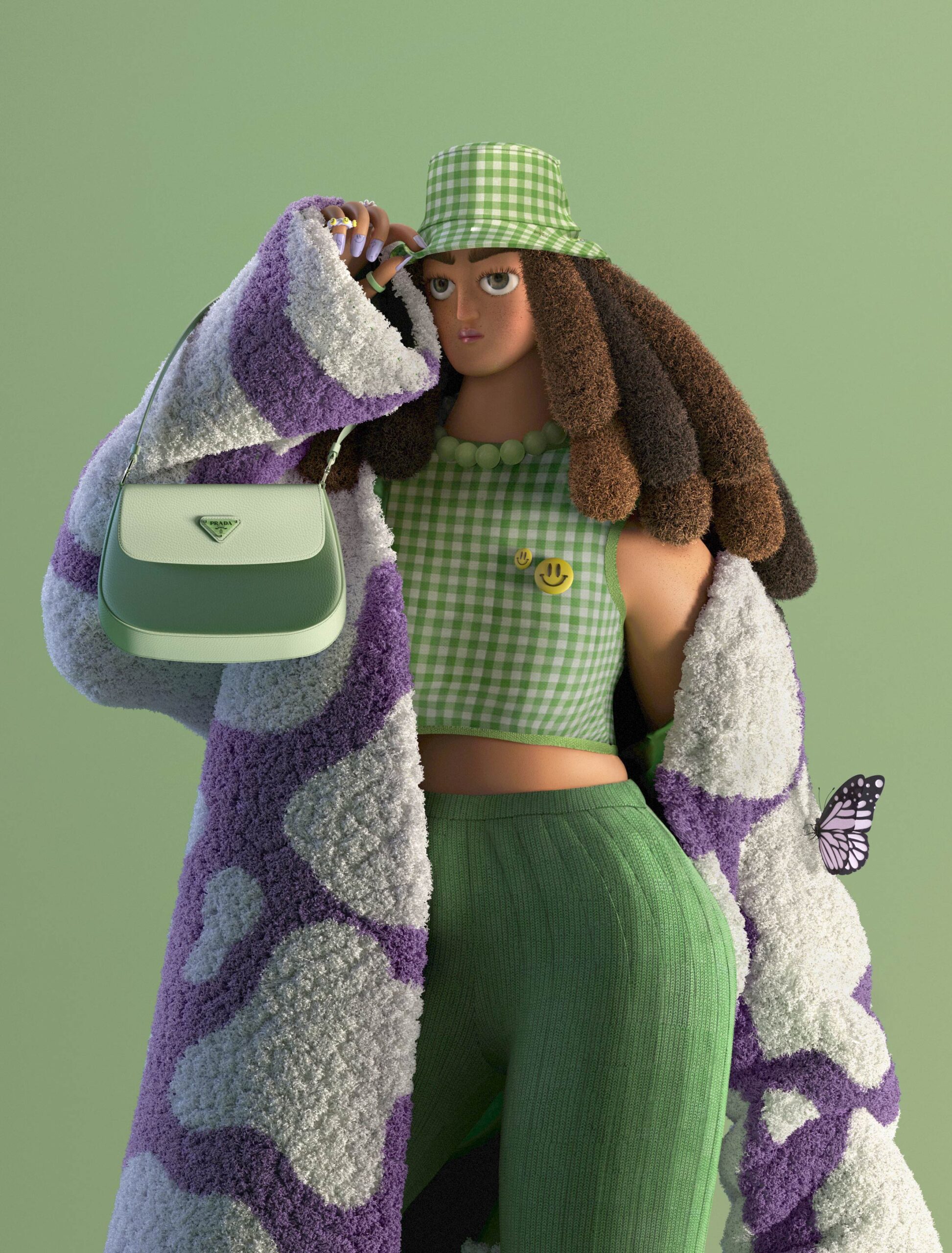 Styling_Stills24a Stylized 3D fashion character wearing a green gingham bucket hat, oversized purple and white fuzzy coat, green knitwear and a Prada handbag.