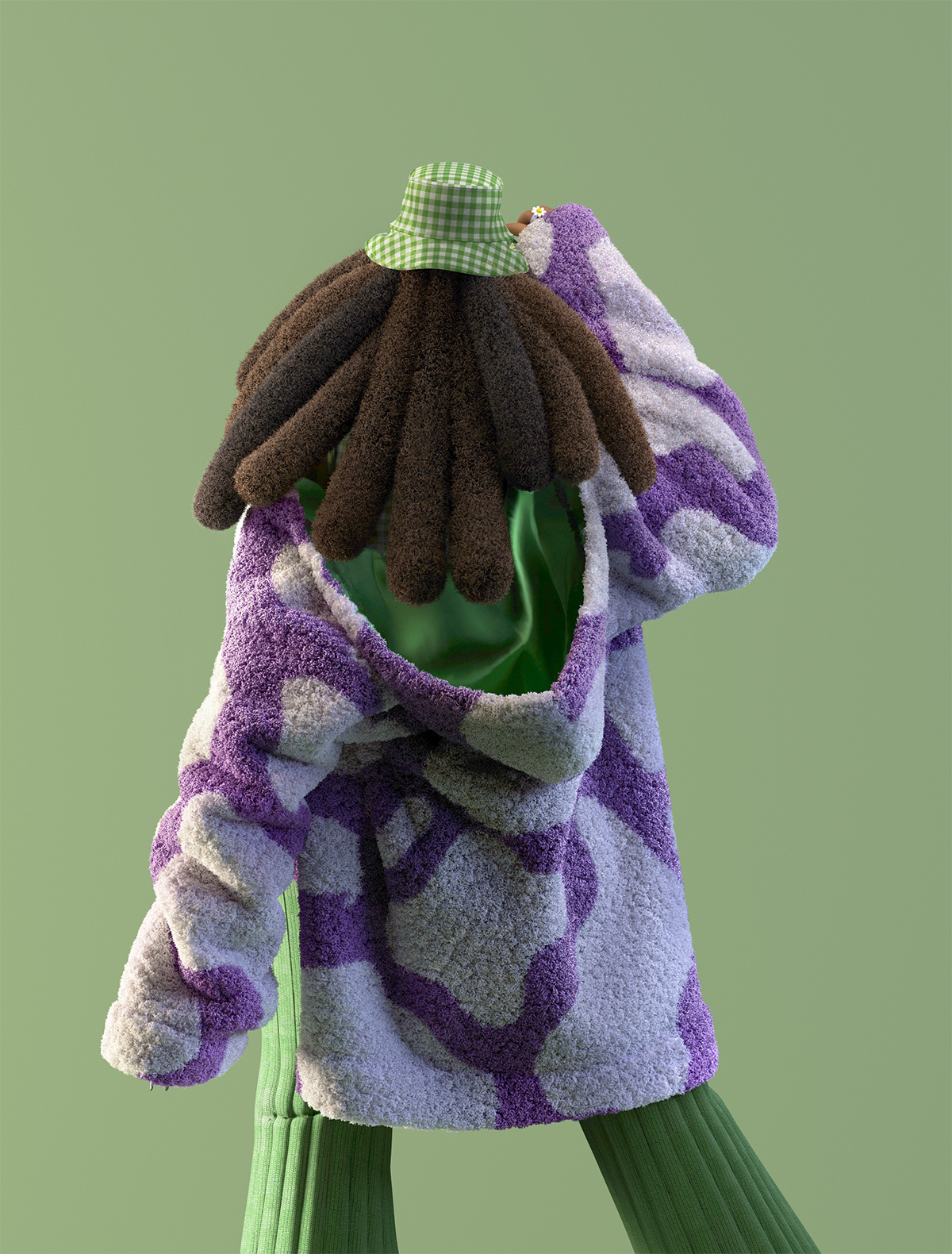 Styling_Stills25a Back view of a 3D fashion character showing voluminous textured hair, a green gingham bucket hat and an oversized purple and white fuzzy coat.