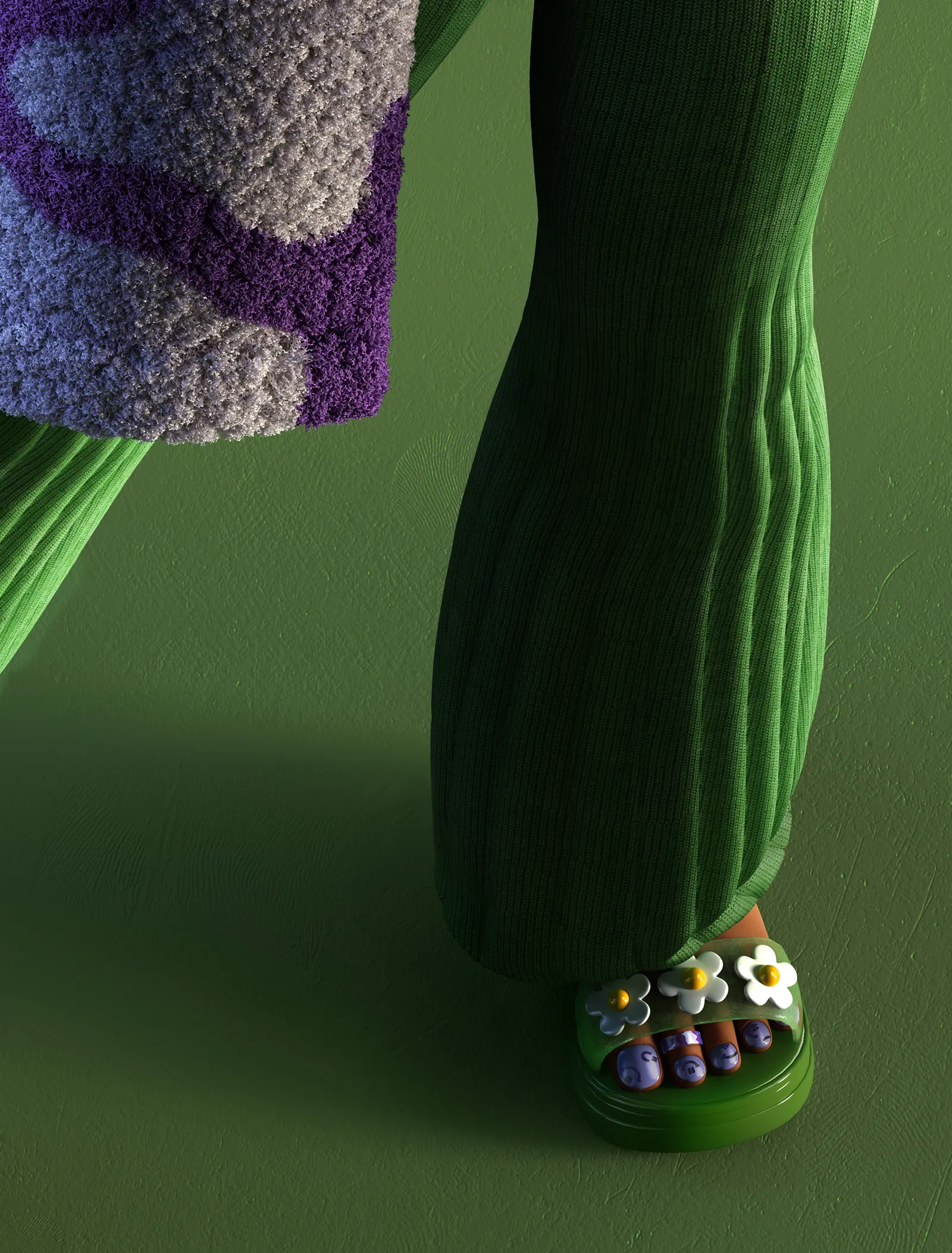 Styling_Stills26 Close-up of green ribbed trousers and platform sandals decorated with white daisies, highlighting playful fashion textures and pastel nail art.