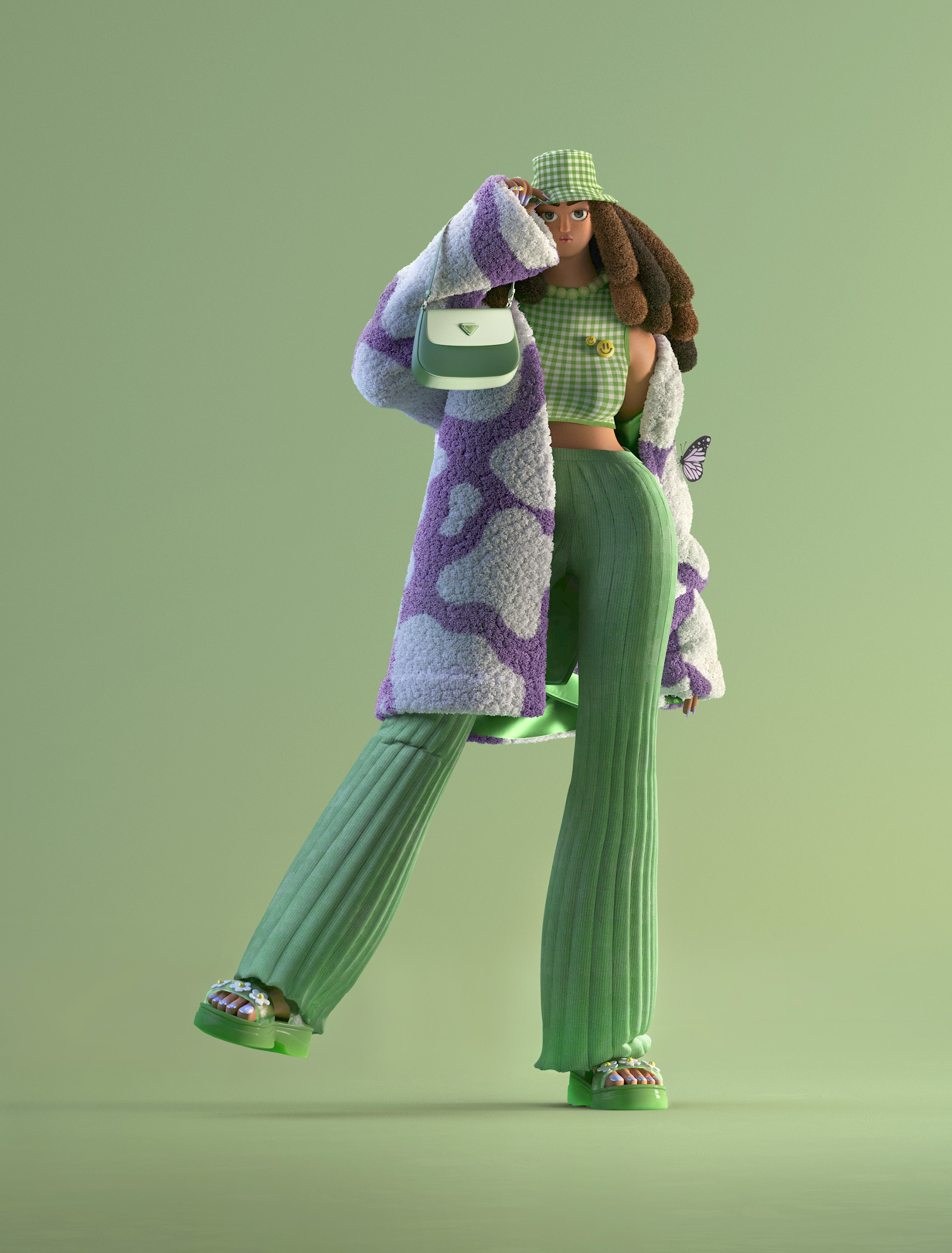 Styling_Stills27a Full-body 3D fashion character wearing green ribbed trousers, a gingham bucket hat, oversized purple and white fuzzy coat and green accessories.