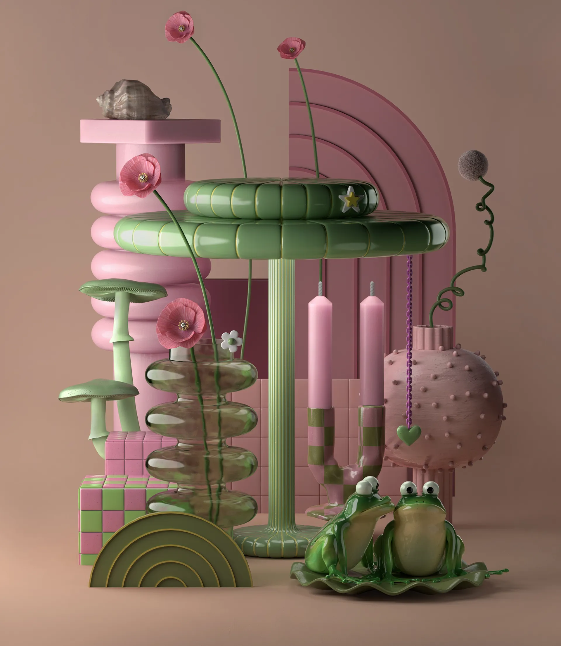 Styling_Stills28 Surreal 3D still life in rose pink and olive green, featuring sculptural furniture, ceramic frogs, pink flowers, candles and whimsical decorative objects. Styling_Stills29