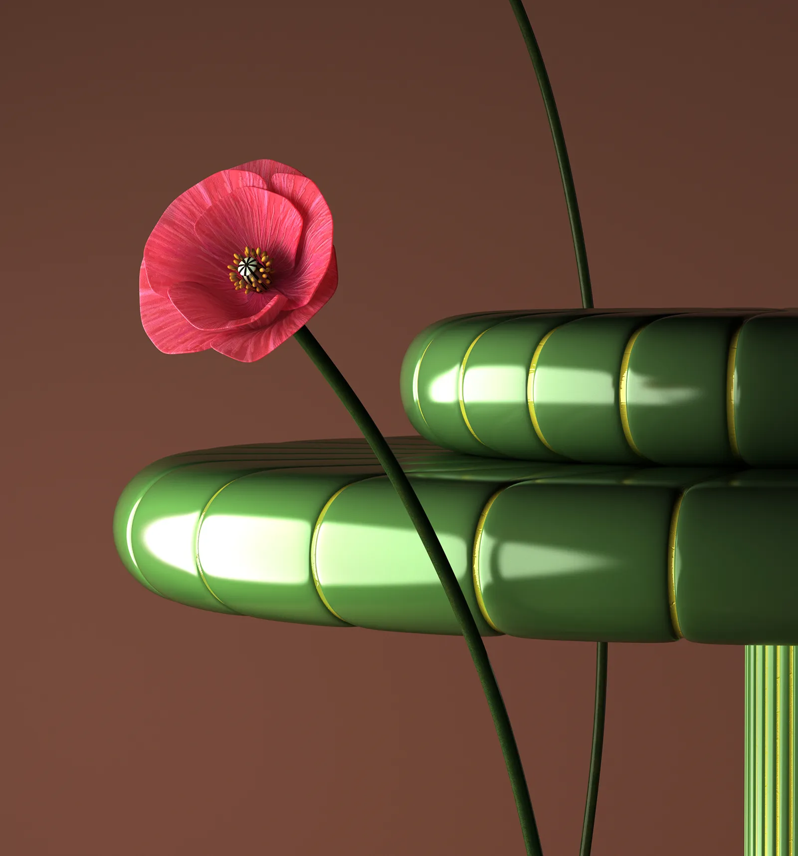Styling_Stills30 Close-up of a delicate pink poppy flower beside glossy sage green sculptural ceramic forms with subtle golden details.