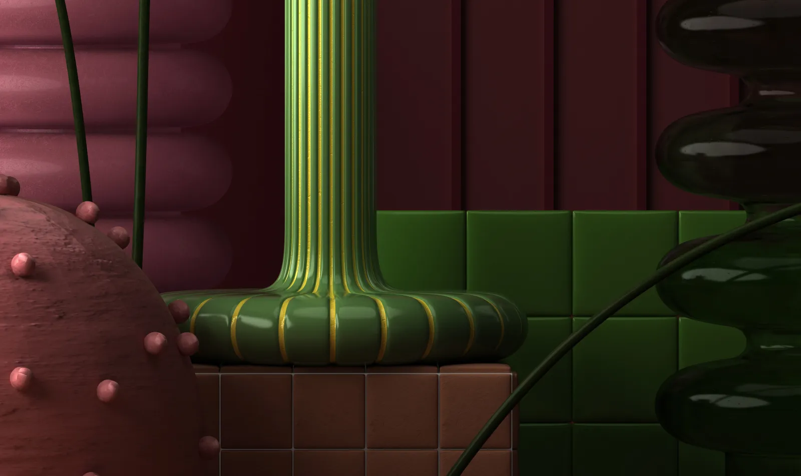 Styling_Stills31 Abstract 3D composition featuring a ribbed green pedestal, pink and olive ceramic tiles, translucent glass objects and textured sculptural forms.