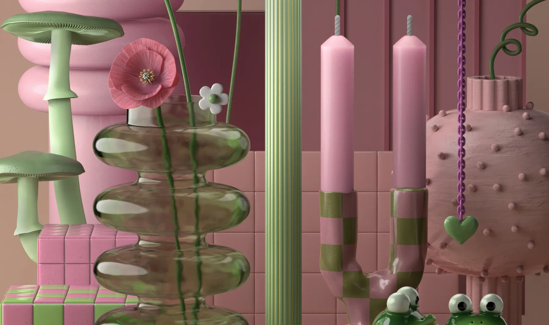 Styling_Stills32 Close-up of pink candles, a translucent green glass vase, sculptural mushrooms and playful ceramic objects in a romantic pastel setting.