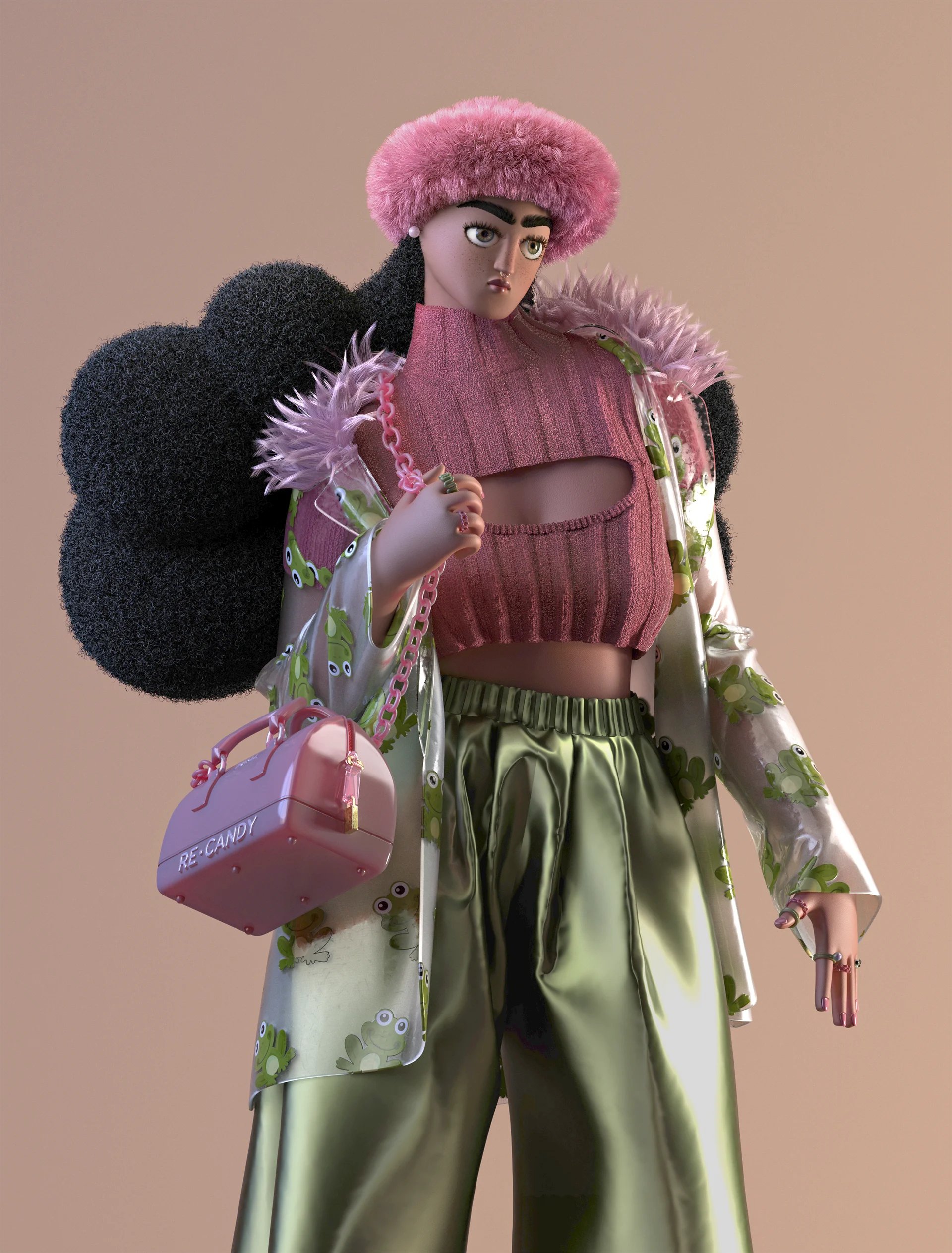 Styling_Stills33 Stylized 3D fashion character wearing a fluffy pink hat, cropped pink knitwear, metallic olive green shorts and a transparent frog-print coat.