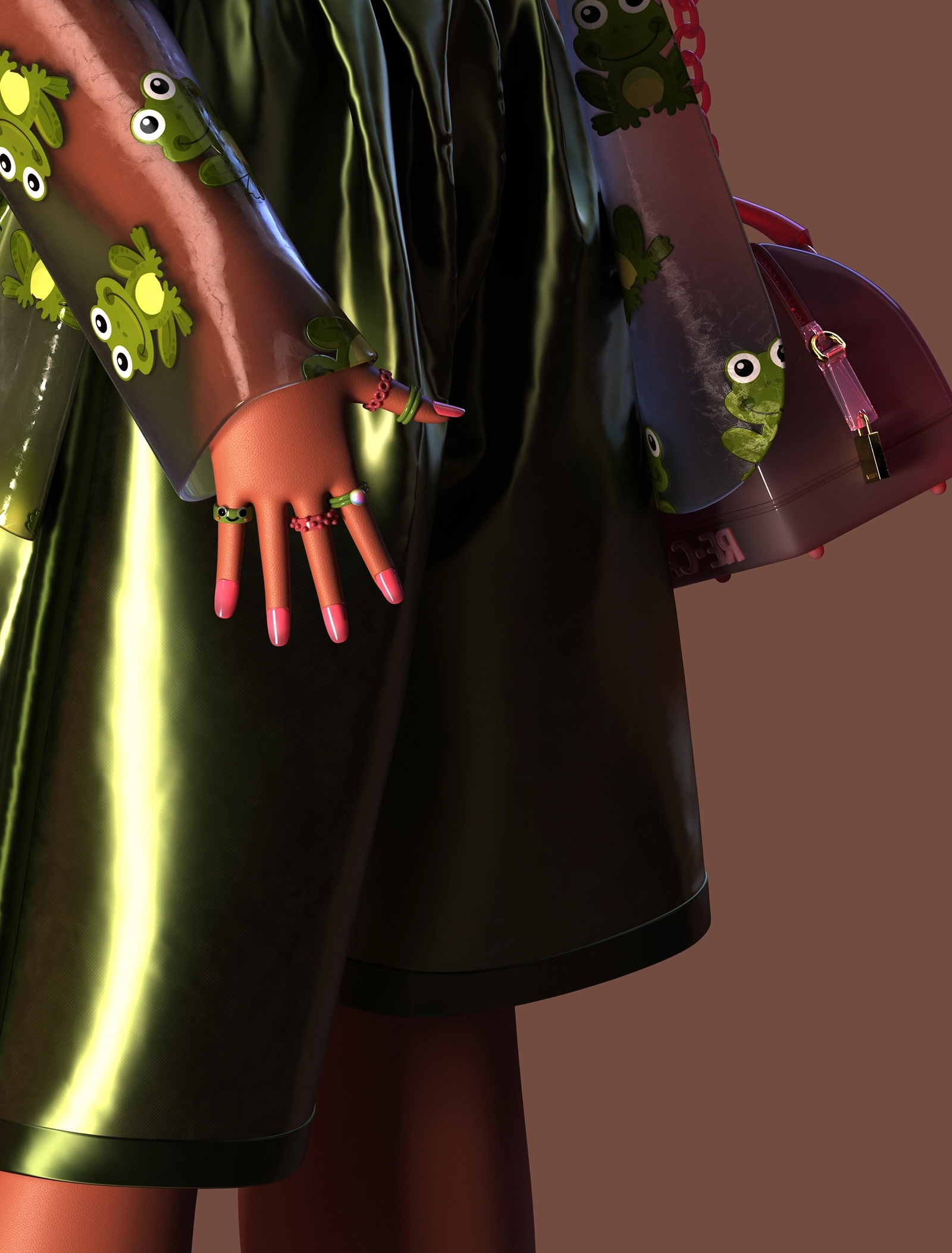 Styling_Stills34 Close-up of a 3D fashion character's hand with pink nail art and colorful rings, alongside metallic olive shorts and a transparent frog-print coat.