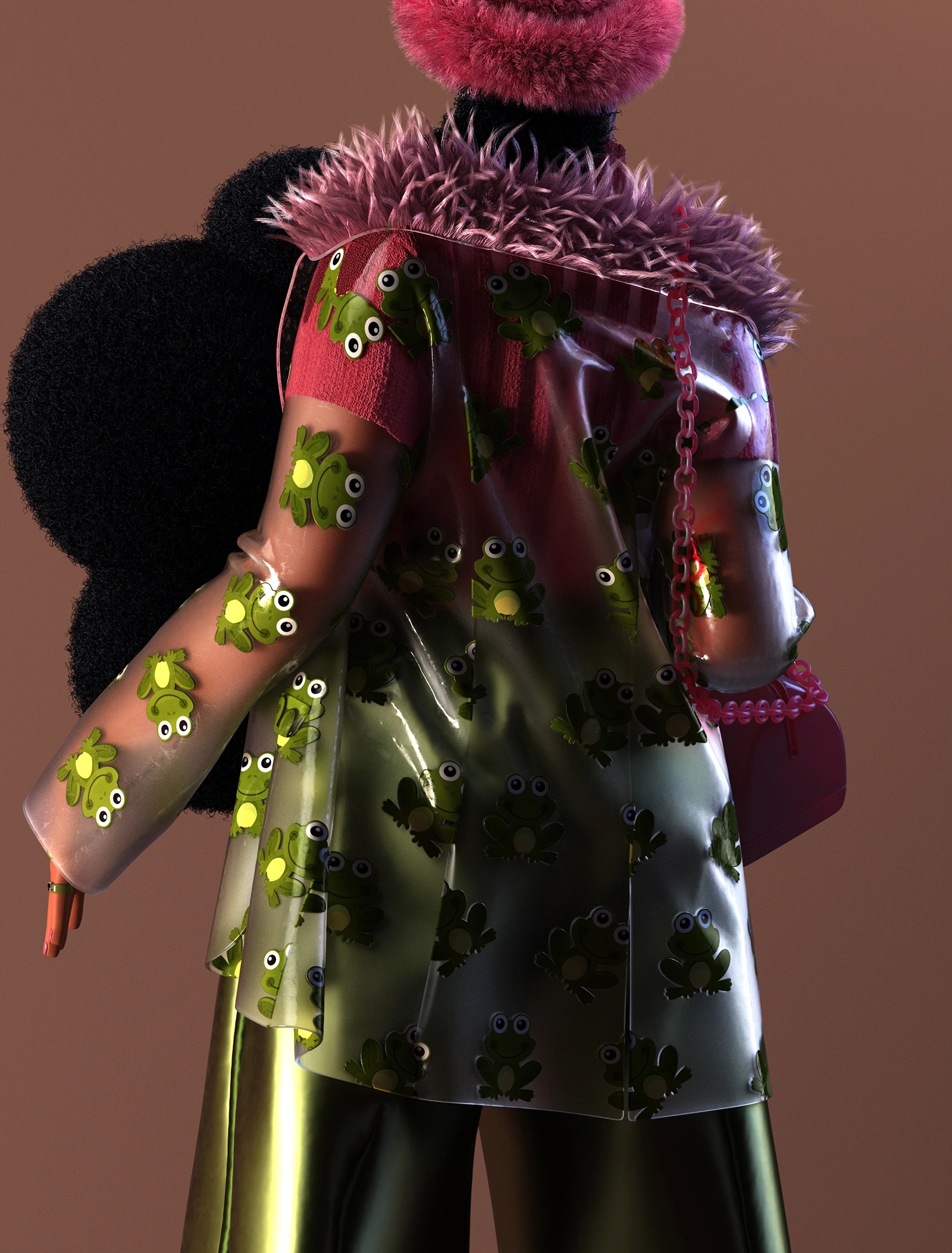 Styling_Stills35 Back view of a stylized 3D fashion character wearing a transparent frog-print coat with pink feather trim and a fluffy pink hat.