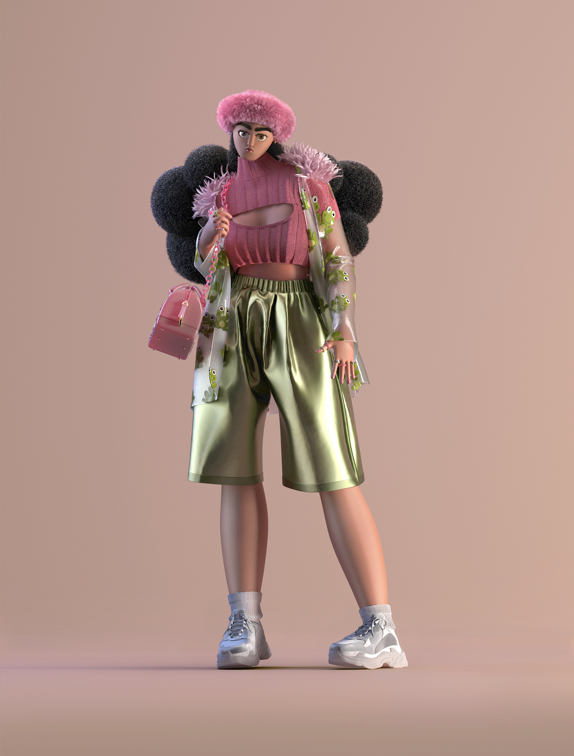 Styling_Stills36a Full-body 3D fashion character wearing a fluffy pink hat, transparent frog-print coat, metallic olive green shorts, pink handbag and chunky sneakers.