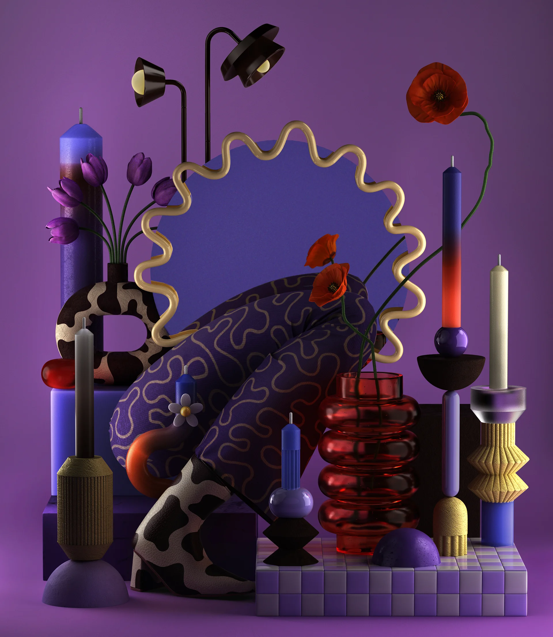 Styling_Stills37 Surreal 3D still life in lilac and purple, featuring cow-print accessories, patterned fabrics, sculptural candles, orange poppies and translucent glass objects.