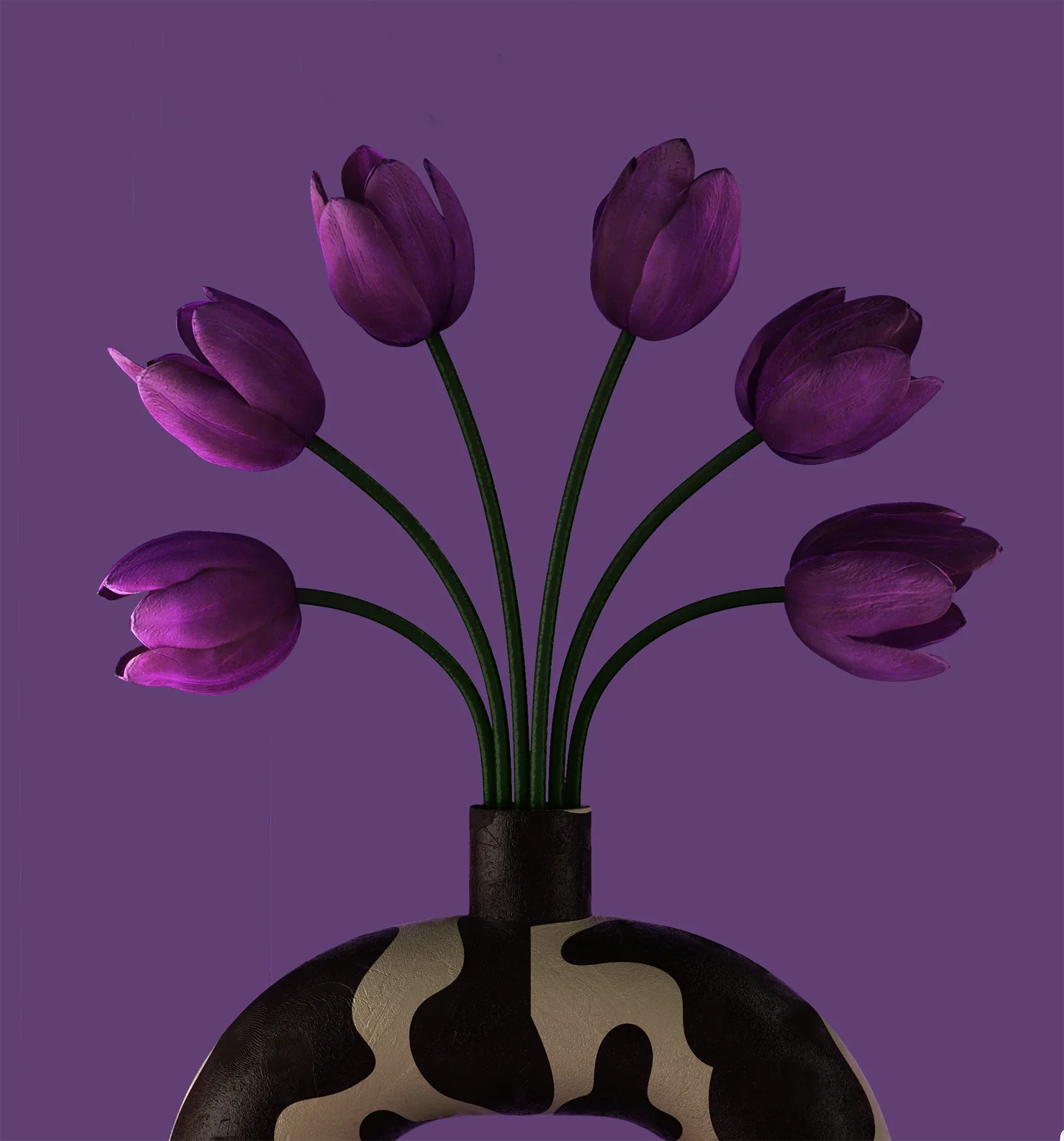 Styling_Stills38 Close-up of six purple tulips arranged in a sculptural cow-print ceramic vase against a soft lilac background.