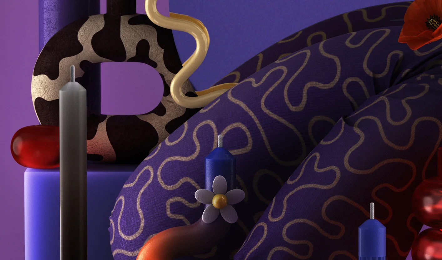 Styling_Stills40 Close-up of purple patterned fabric, a cow-print ceramic vase, abstract sculptural forms and decorative candles in a playful 3D composition.