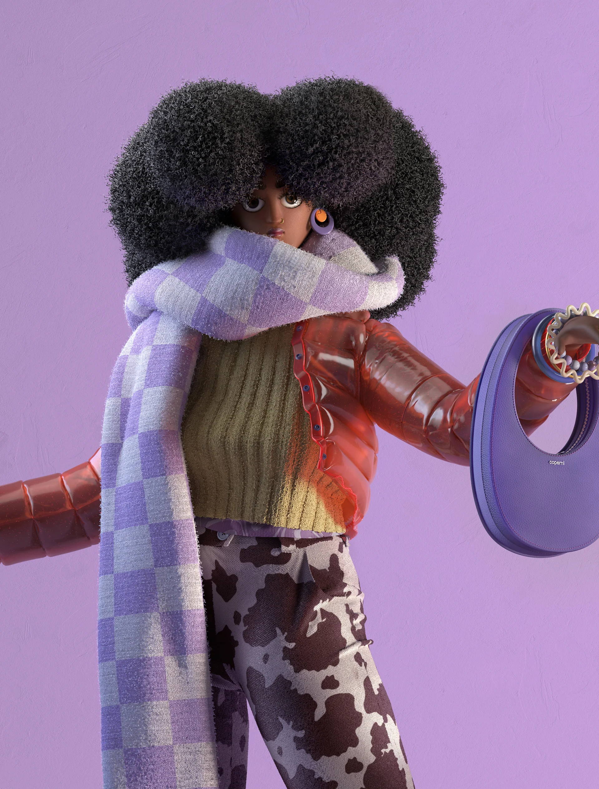 Styling_Stills42 Stylized 3D fashion character with voluminous curly hair, wearing a lavender checkered scarf, translucent orange jacket, cow-print trousers and a purple handbag.