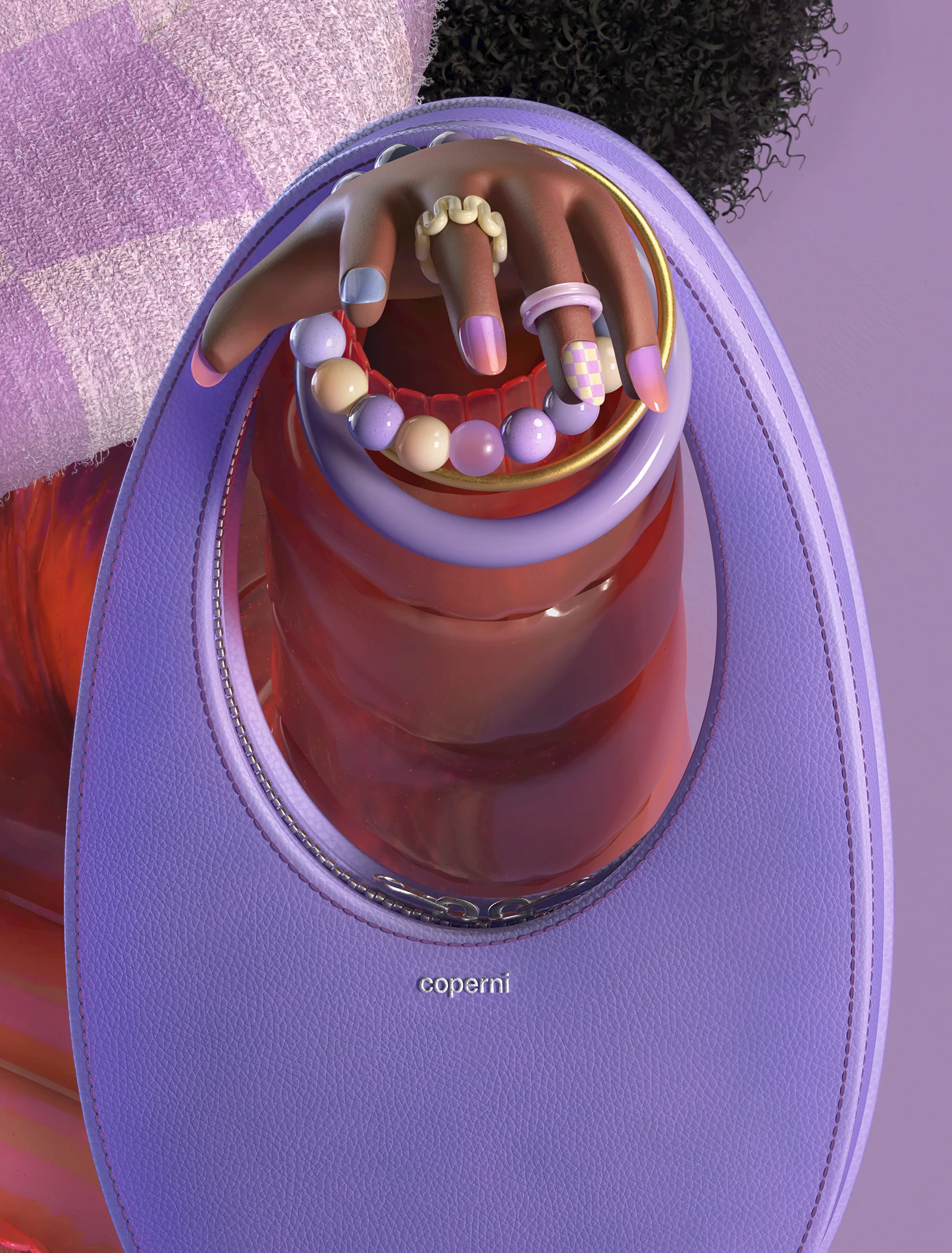 Styling_Stills43 Close-up of a 3D fashion character's hand with colorful nail art, playful rings and bracelets, holding a lavender Coperni handbag.