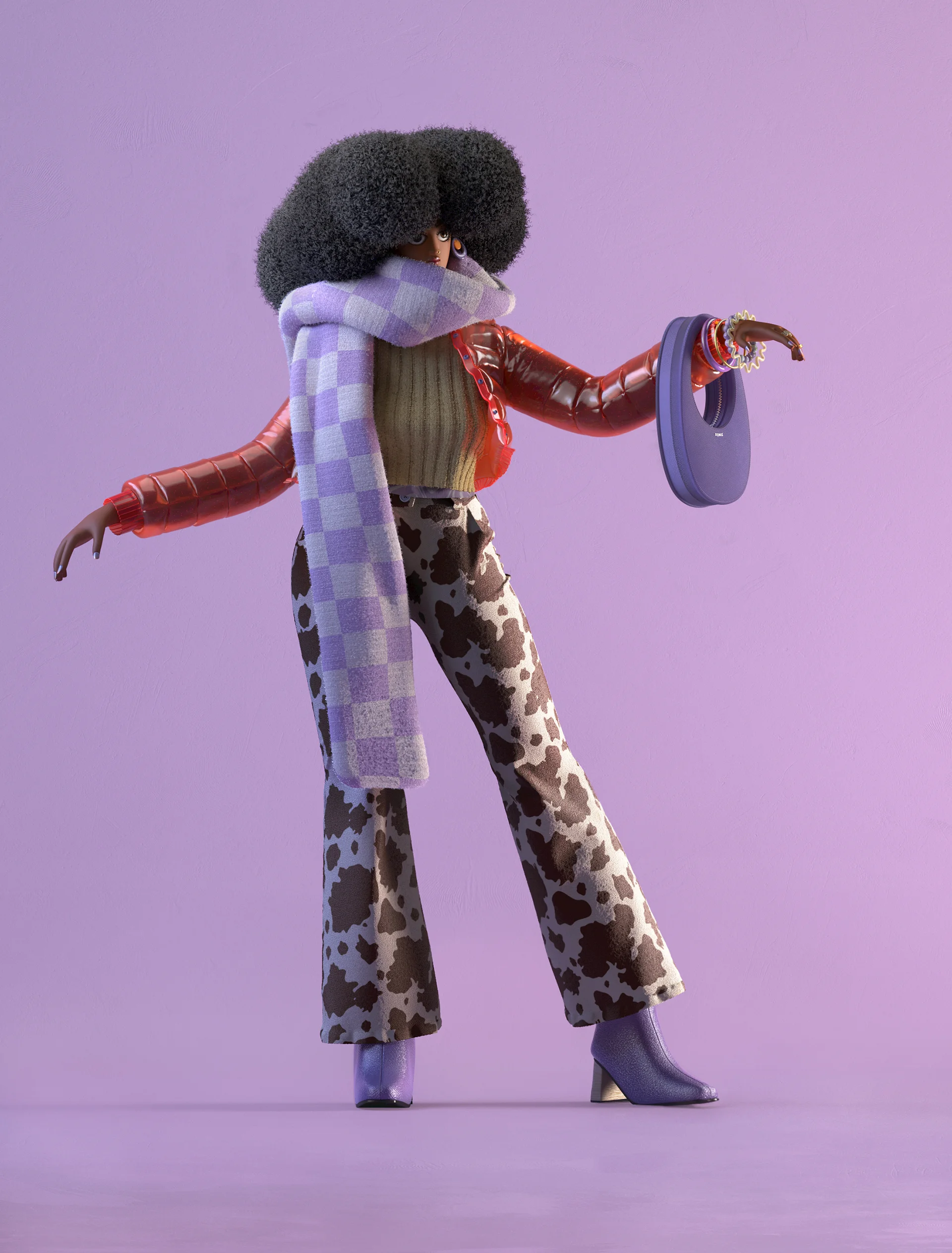 Styling_Stills45 Full-body 3D fashion character wearing a translucent orange jacket, oversized lavender checkered scarf, cow-print flared trousers, purple ankle boots and a lavender handbag.