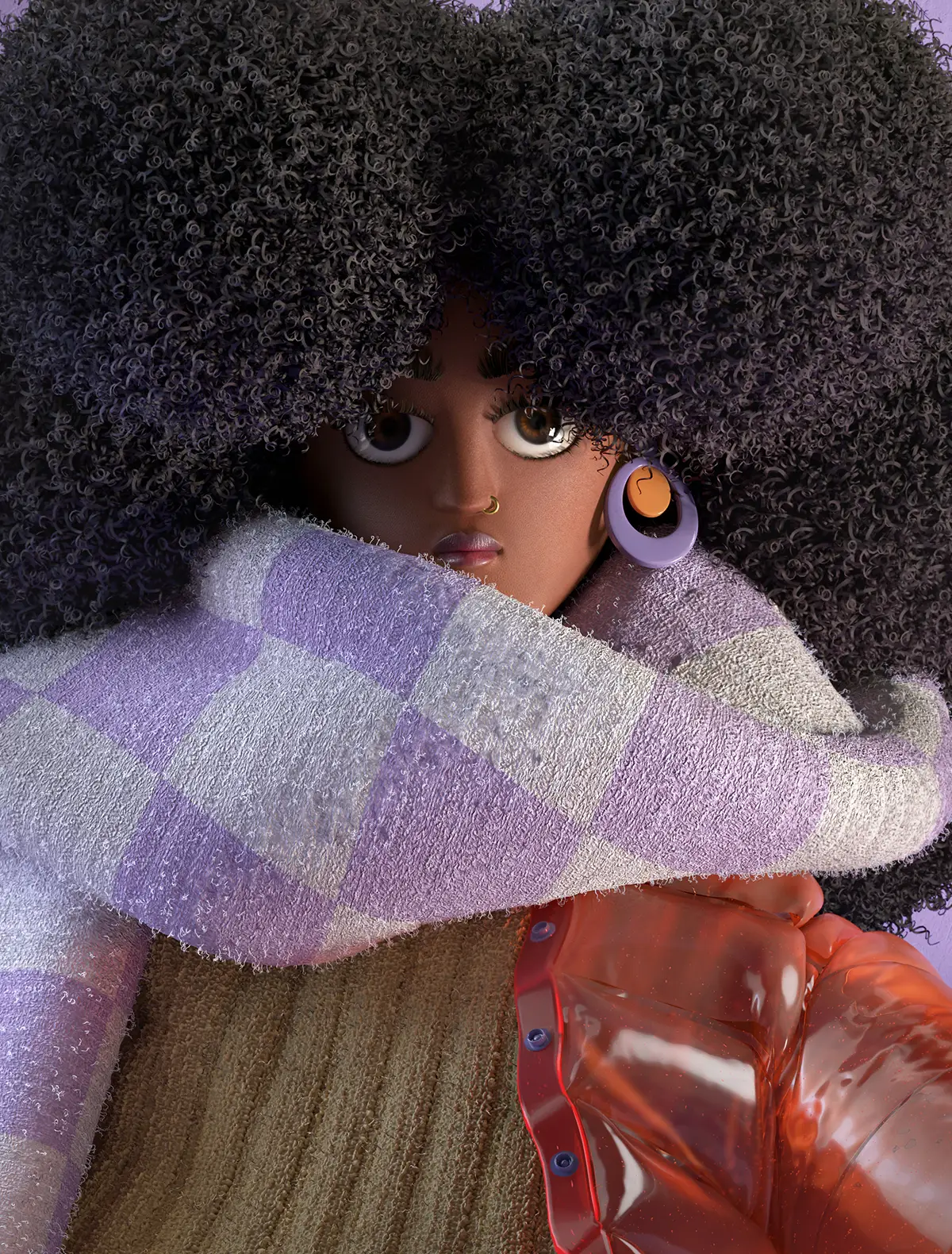 Stylized 3D fashion character with voluminous curly hair, an oversized lavender checkered scarf, and a glossy orange jacket, from Morphine's experimental Styling Characters & Moods series.